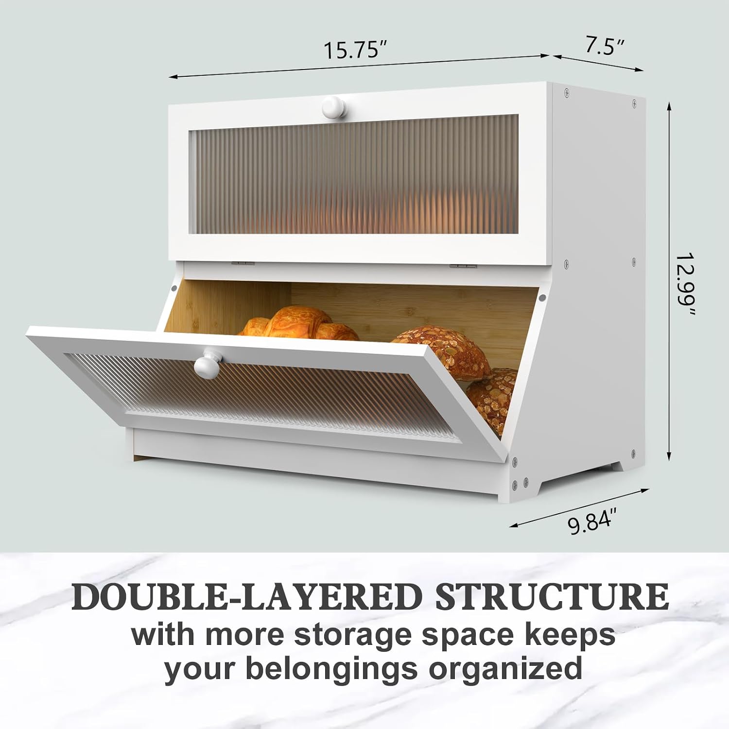 LOHASOK Bread Box for Kitchen Countertop,White | 2-layer, Bamboo, Large, Farmhouse Bread Container Holder Storage