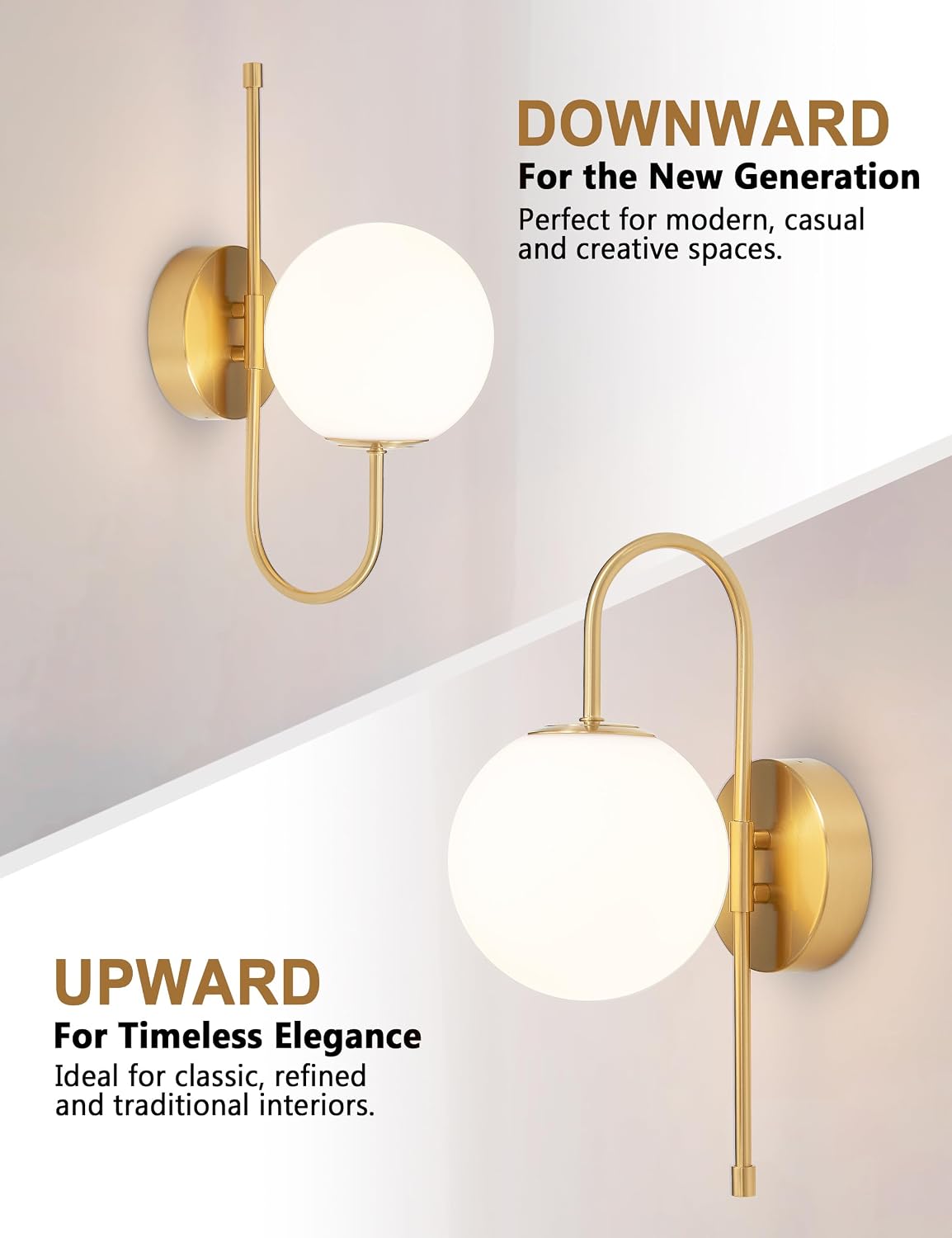 Battery Operated Gooseneck Wall Sconces, Brushed Gold Globe Glass Set of 2