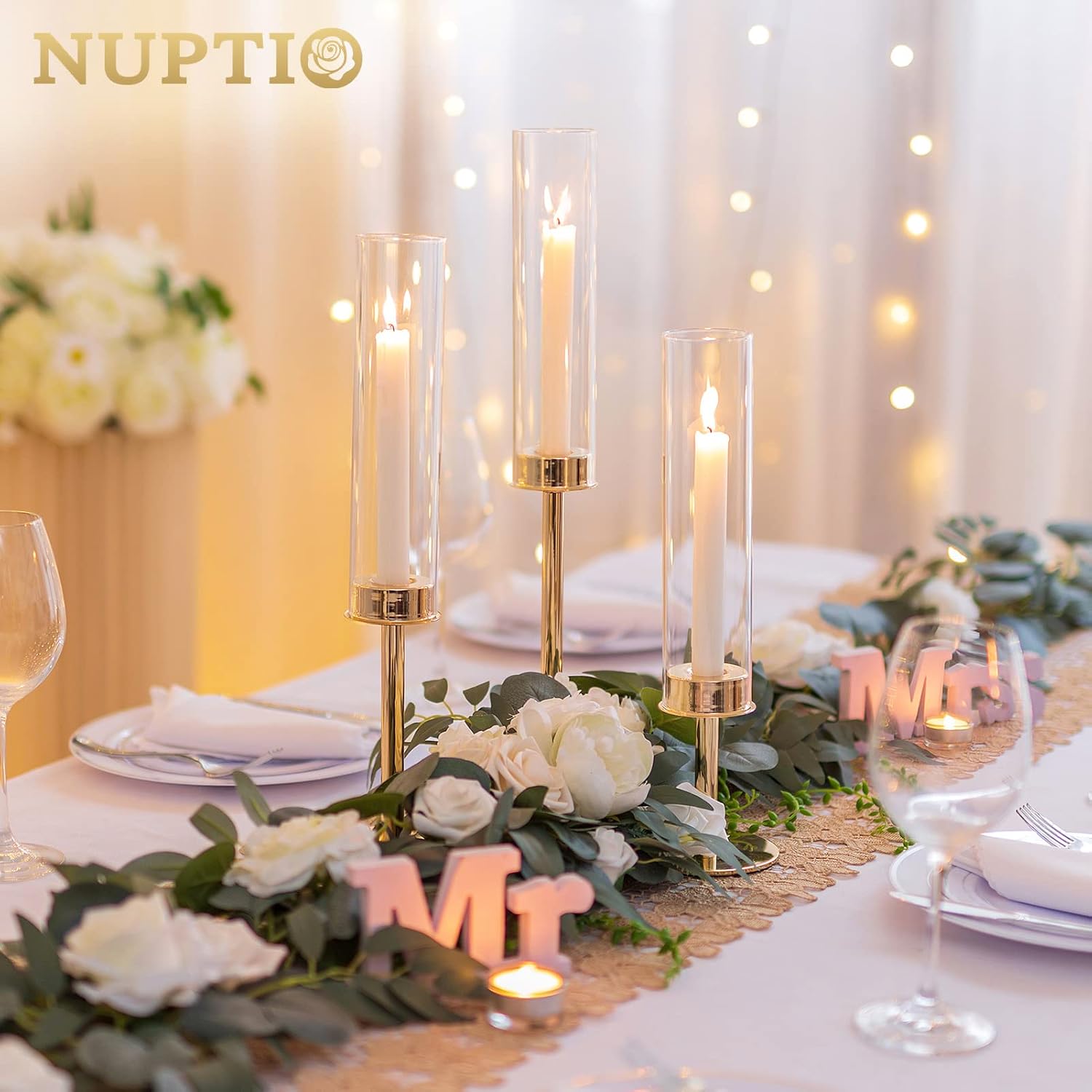 Nuptio Gold Candlestick Holder Tall Hurricane Candle Holder Set of 3 Taper Candle Holders Candle Stand Glass Cover