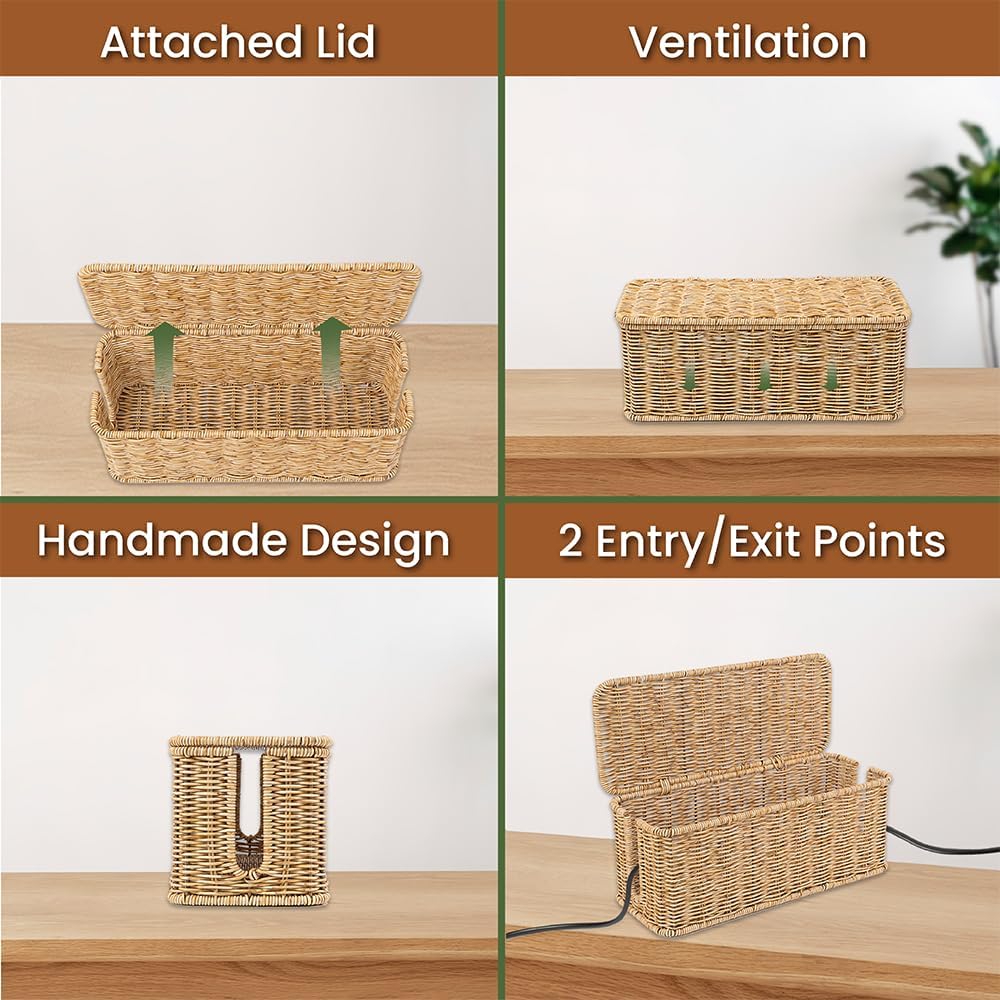 Handmade Rattan Cable Organizer / Natural / Rectangle