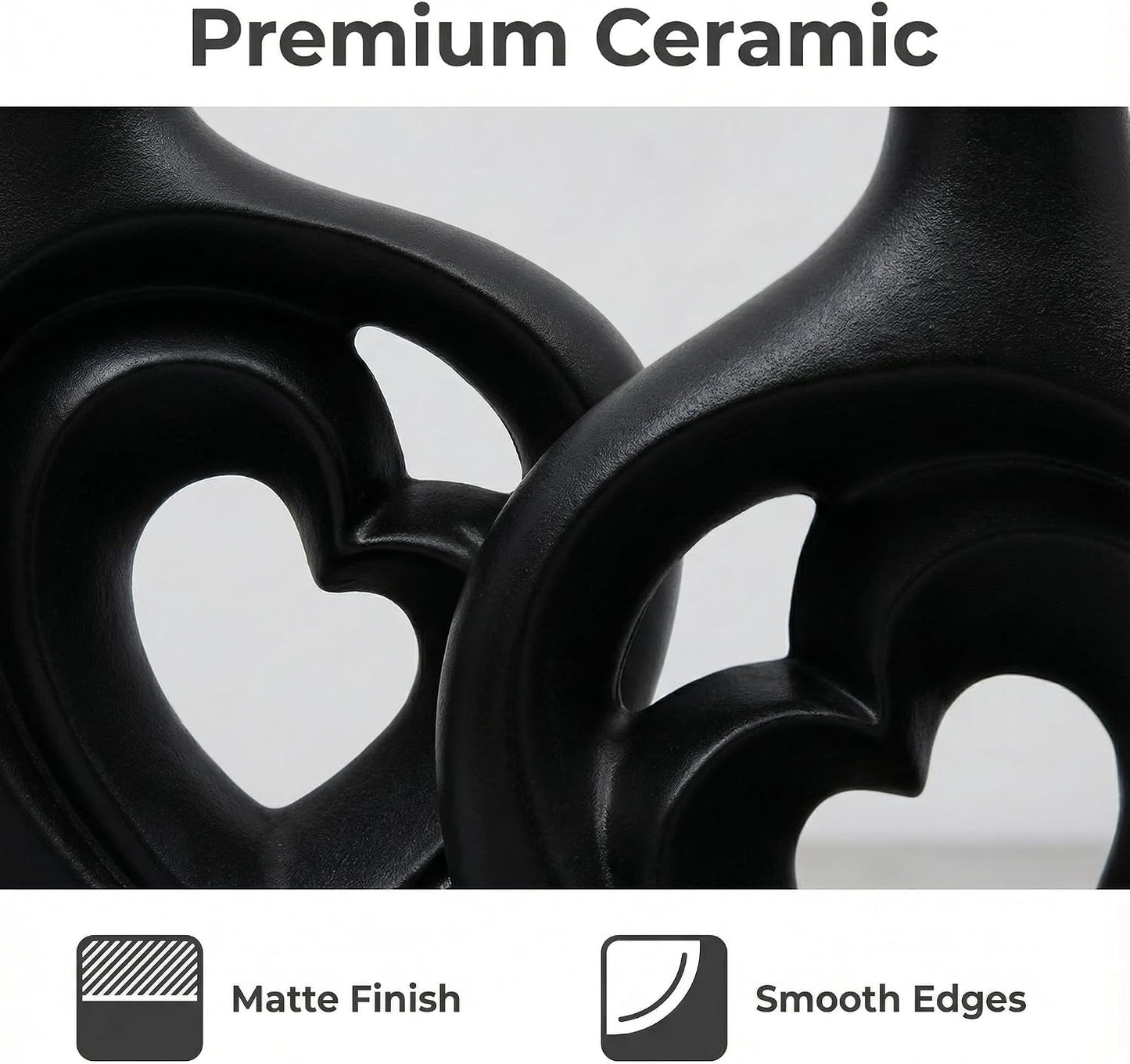 Matte Black Heart Shaped Hollow Ceramic Vase / Black-01 / Set of 2