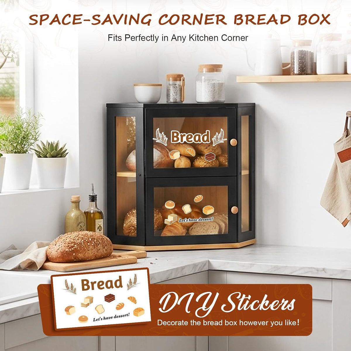 Black Corner Bread Box for Kitchen Countertop,Large Bread box | 2 Tier Bamboo Wood Corner Bread Box for Homemade Bread