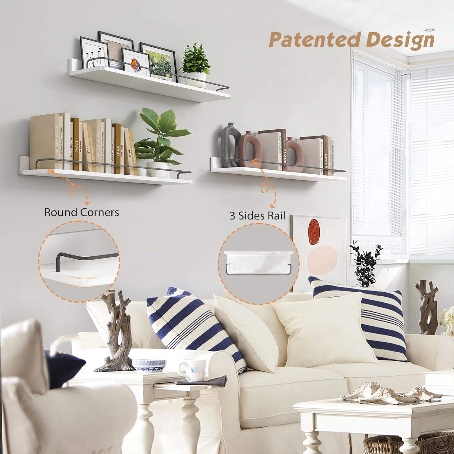 Forbena Floating Shelves for Wall 24 Inches Long, Modern White Wall Shelving Unit for Bedroom, Wood Hanging Shelf for
