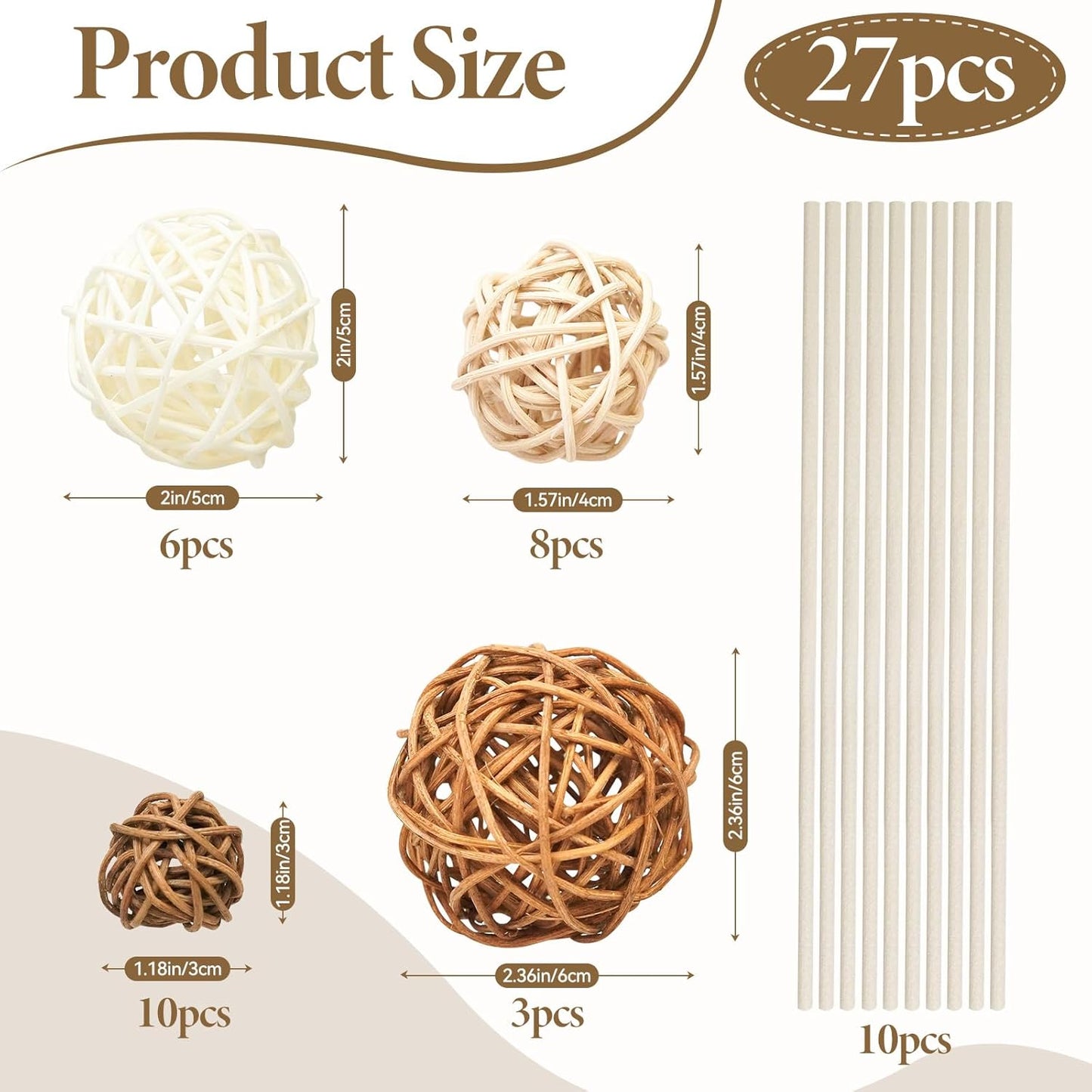 2.4" Wicker Orbs for Bowl Centerpieces & Vase Fillers / Chocolate,white / Set of 27