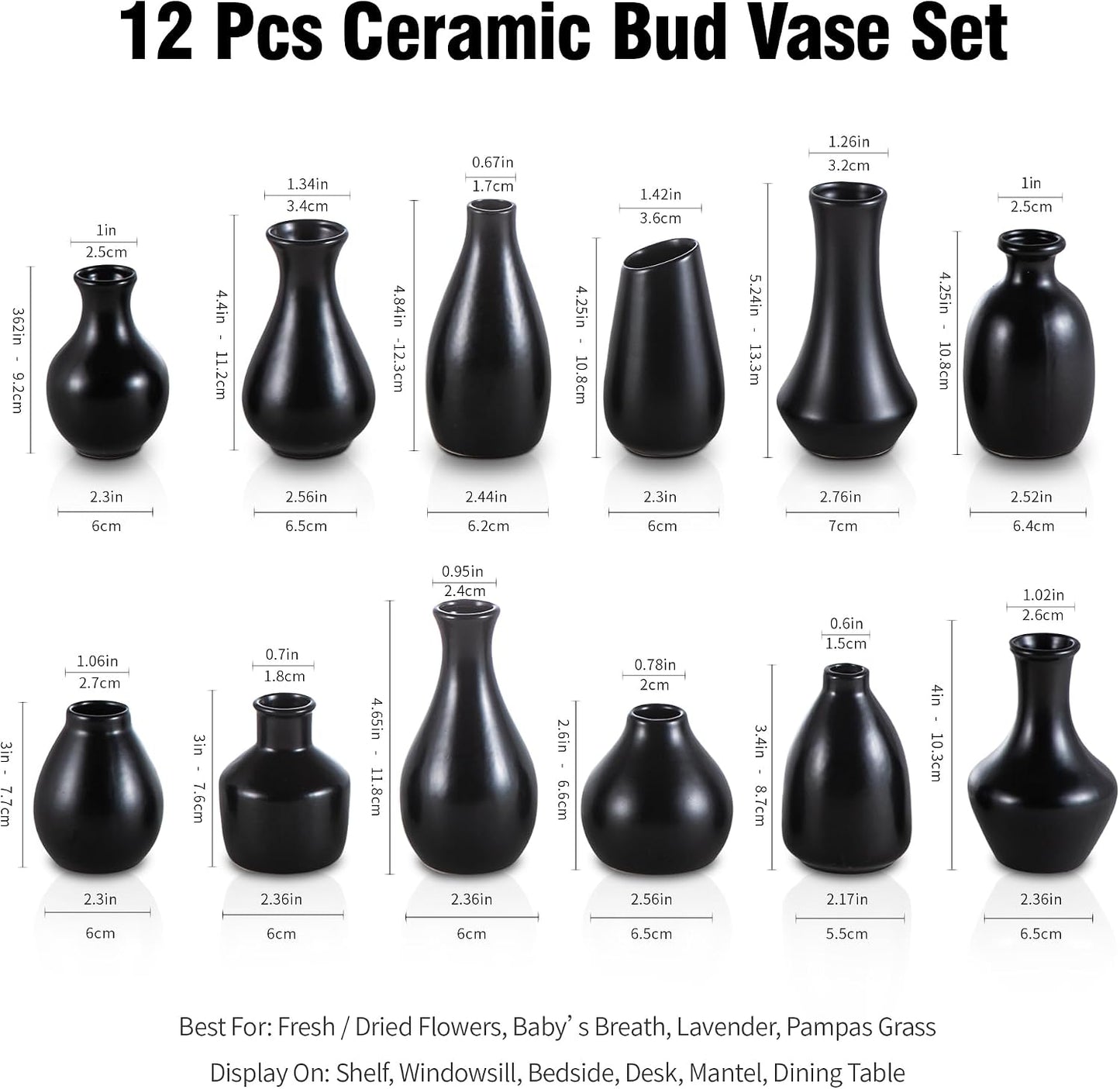 Elegant mini ceramic vases / Black / Set of 12