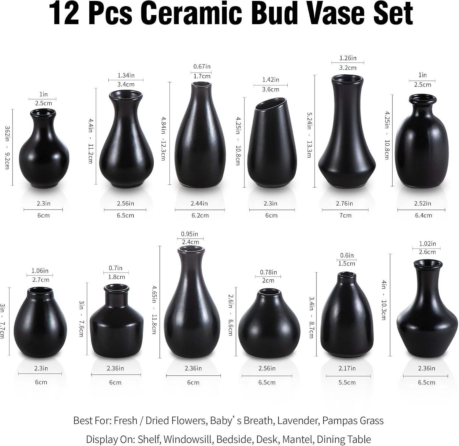 Elegant mini ceramic vases / Black / Set of 12