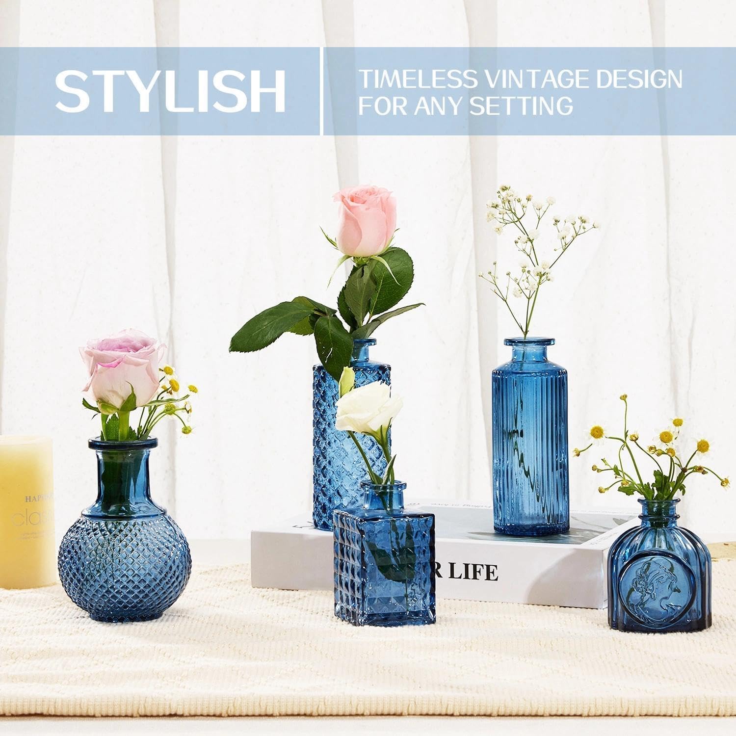 Clear Bud Vases for Flowers / Blue / Set of 12