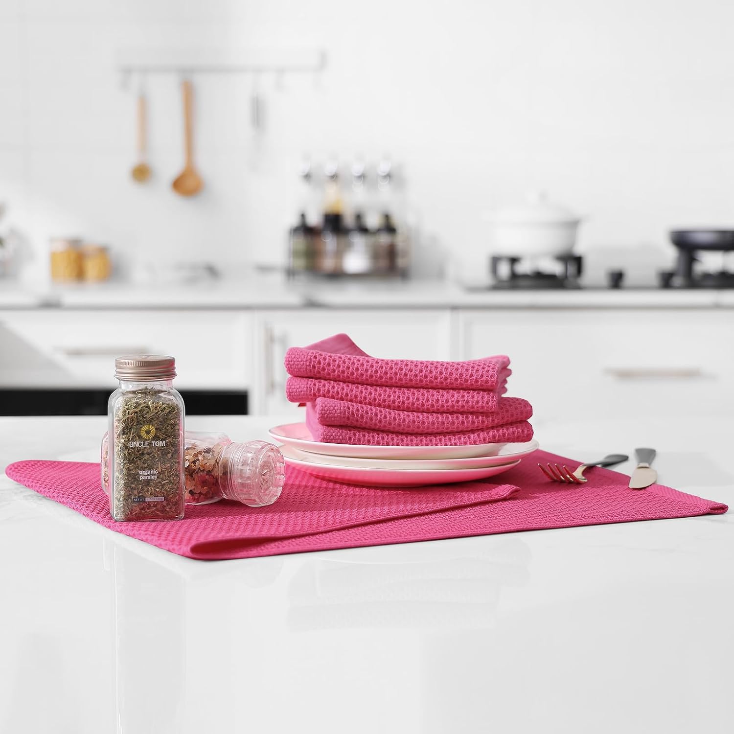 Kitinjoy 100% Cotton Waffle 12-Pack Kitchen Towels, 13" x 28", Hot Pink | Super Soft, Ultra-Absorbent, Fast Drying