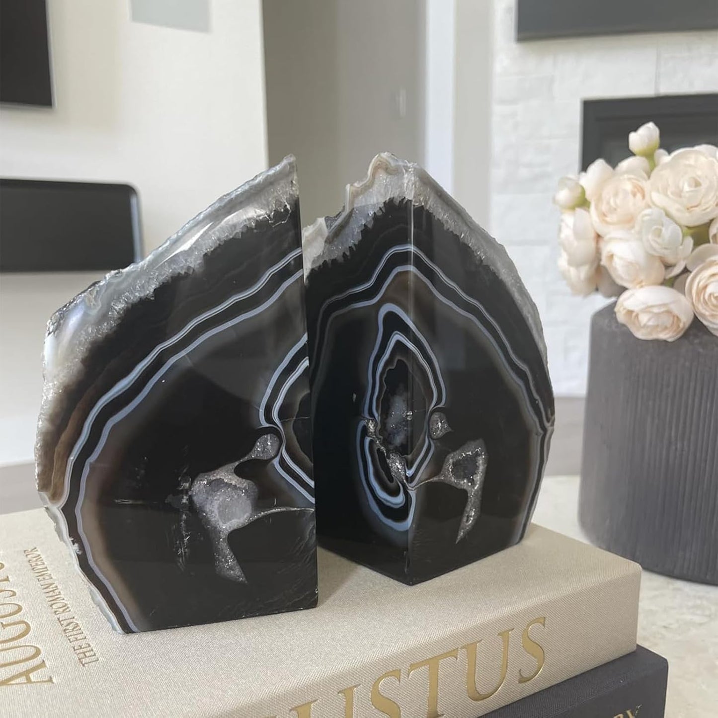 Black Agate Geode Bookends 2-3 Lbs Anti-Slip Rubber Pads Heavy Duty / 2-3LBS. / Black Dyed