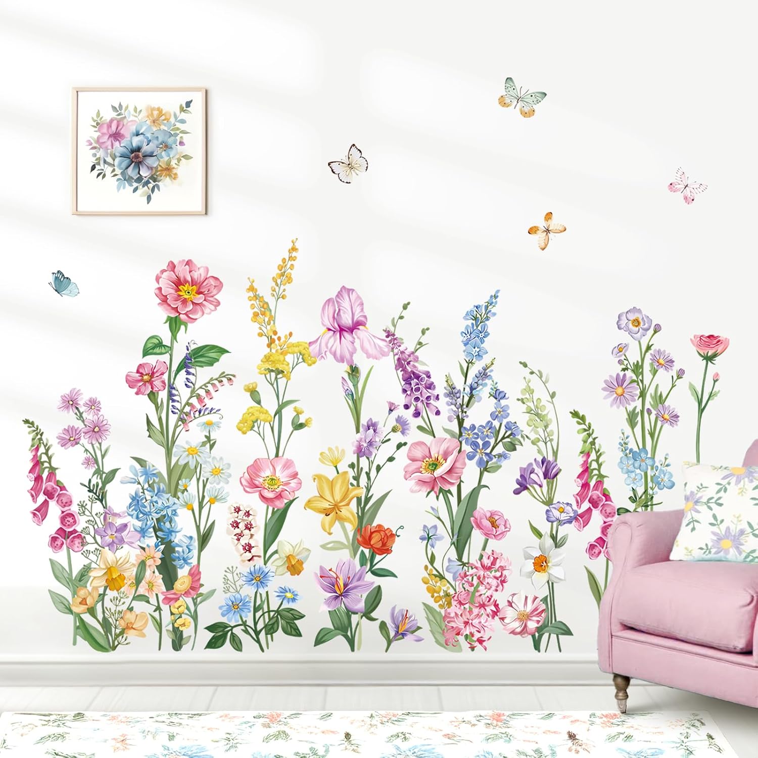 Garden Flower Wall Stickers Wildflower Iris Daisy Floral Butterflies Peel and Stick Wall Art Decals