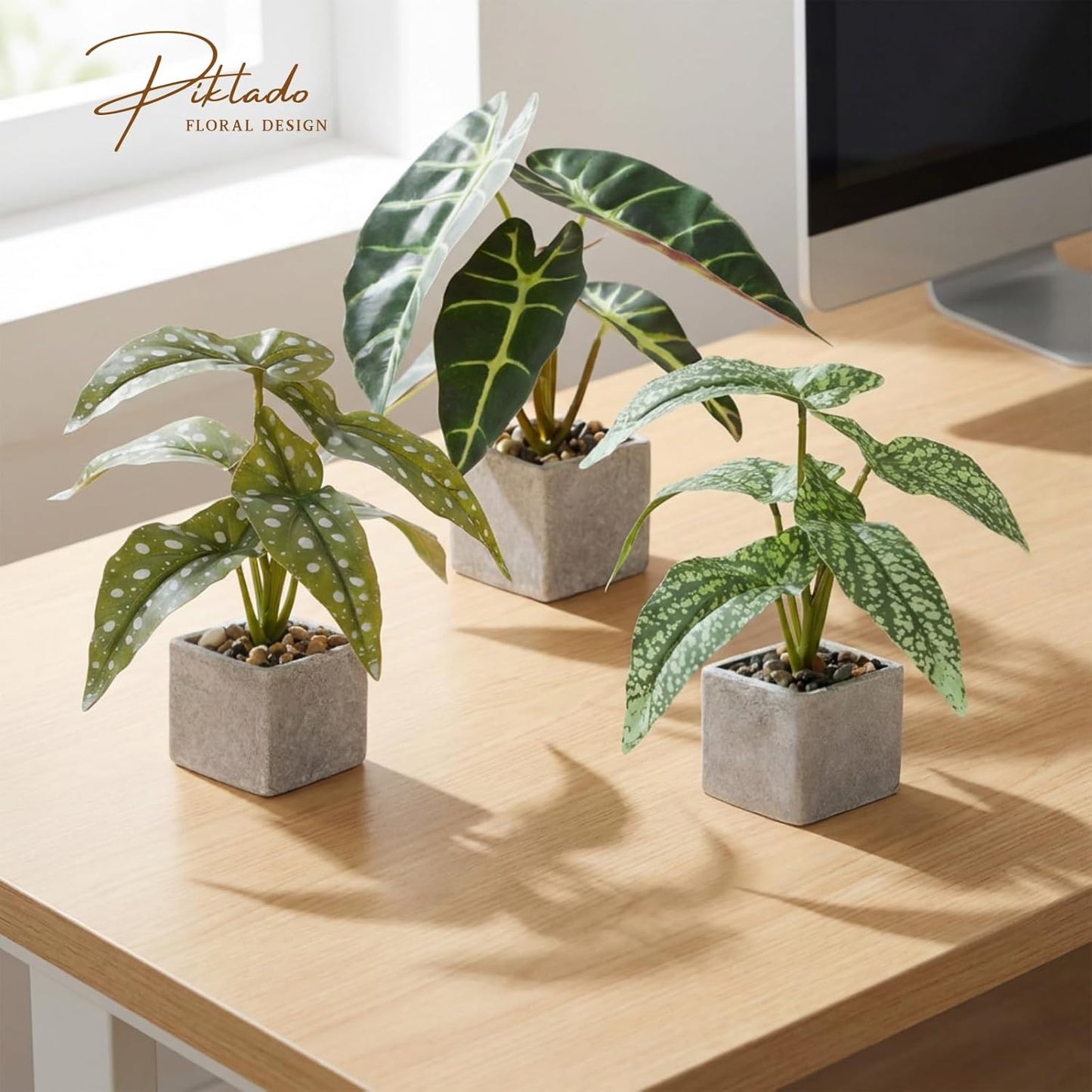 Small Fake Plants Artificial Begonia Leaves Faux Plants Indoor / Green / Set of 3