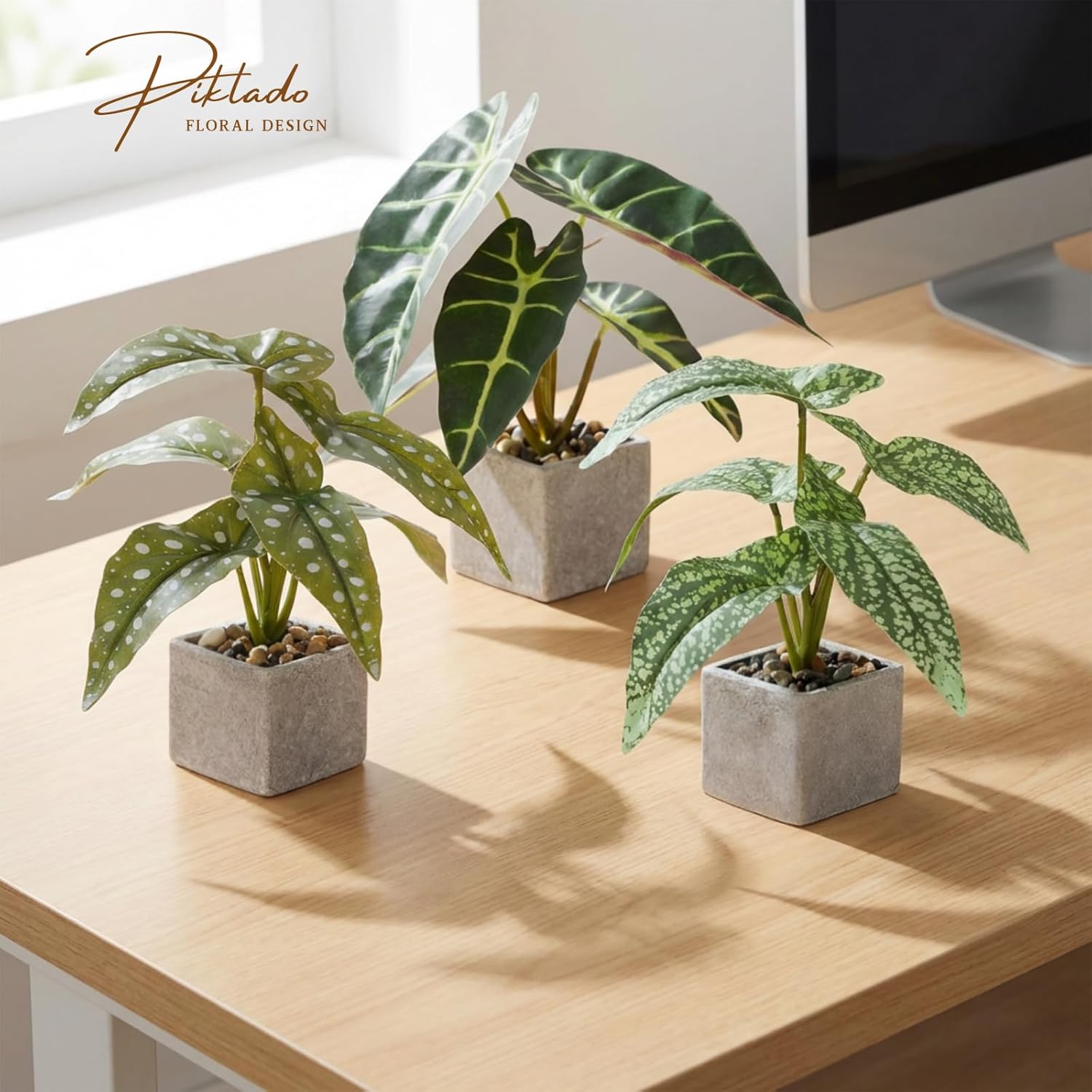 Small Fake Plants Artificial Begonia Leaves Faux Plants Indoor / Green / Set of 3