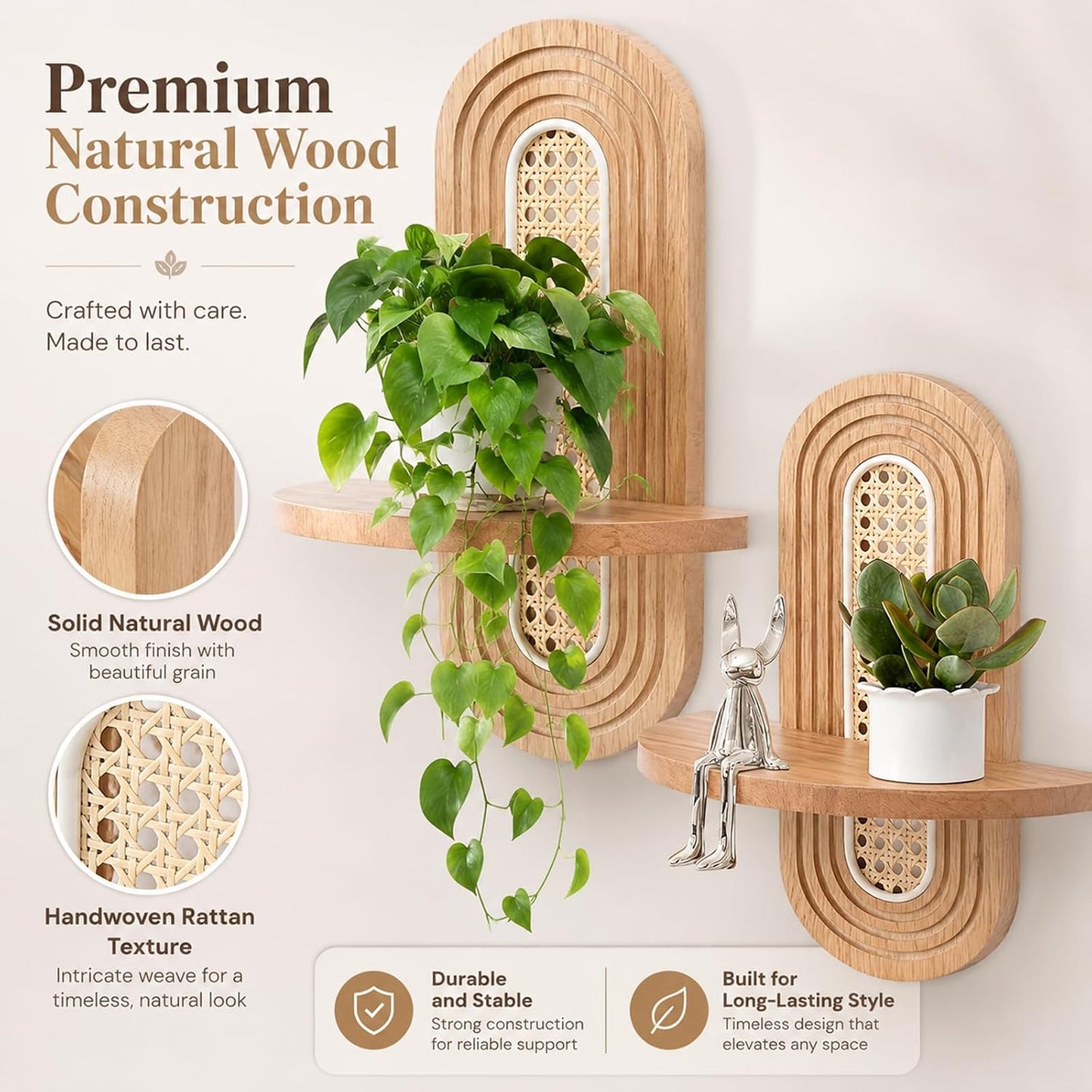 Boho rattan floating shelf displays plants / Wood Color