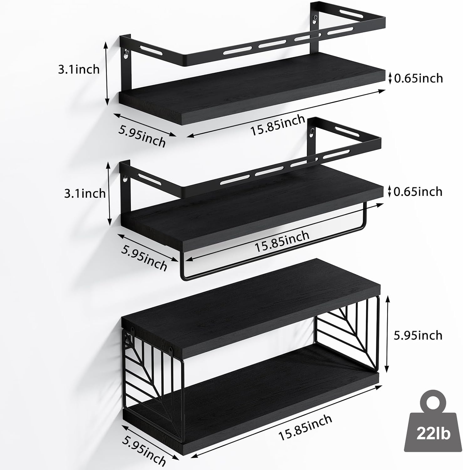 Fixwal Wall Mounted Bathroom Shelves Over Toilet (3+1 Black) | Wall Shelf with Basket Storage , Towel Bar, Solid Wood