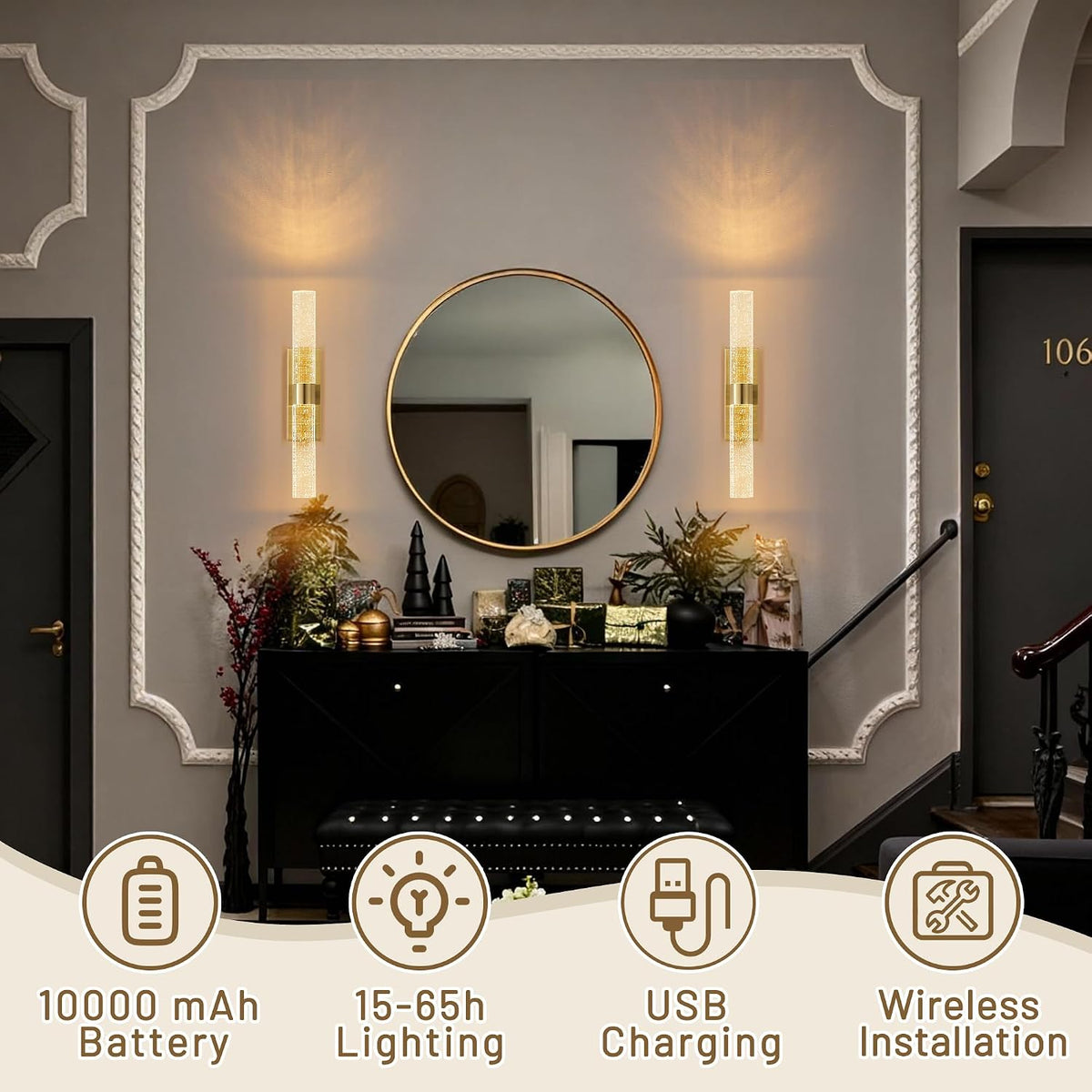 KARTOOSH Gold Battery Operated Wall Sconce Set of Two with Remote Control | Rechargeable Wireless Wall Decor Light