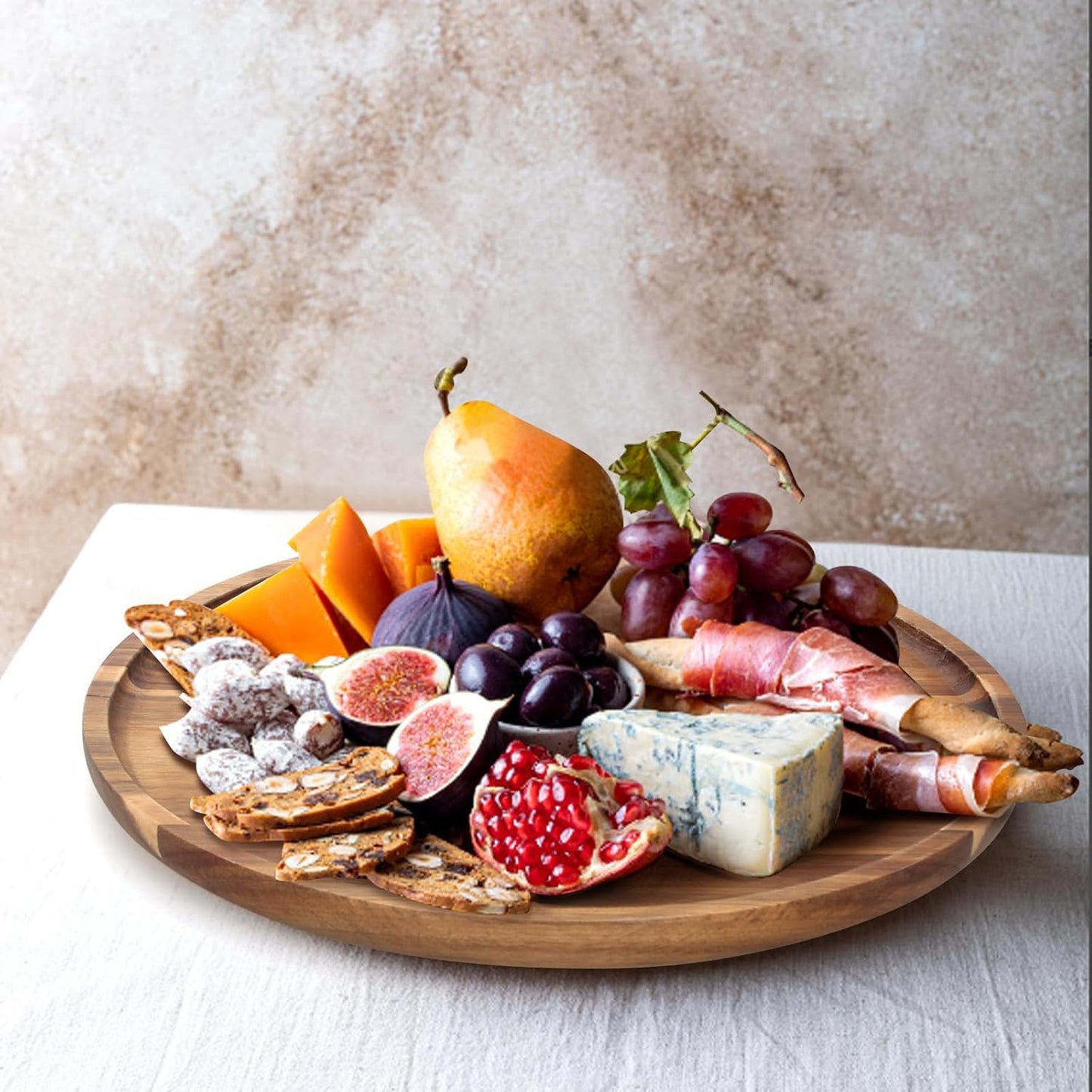 Acacia Round Wood Tray Decorative Serving Trays for Ottoman Coffee Table / Acacia Wood / Set of 12