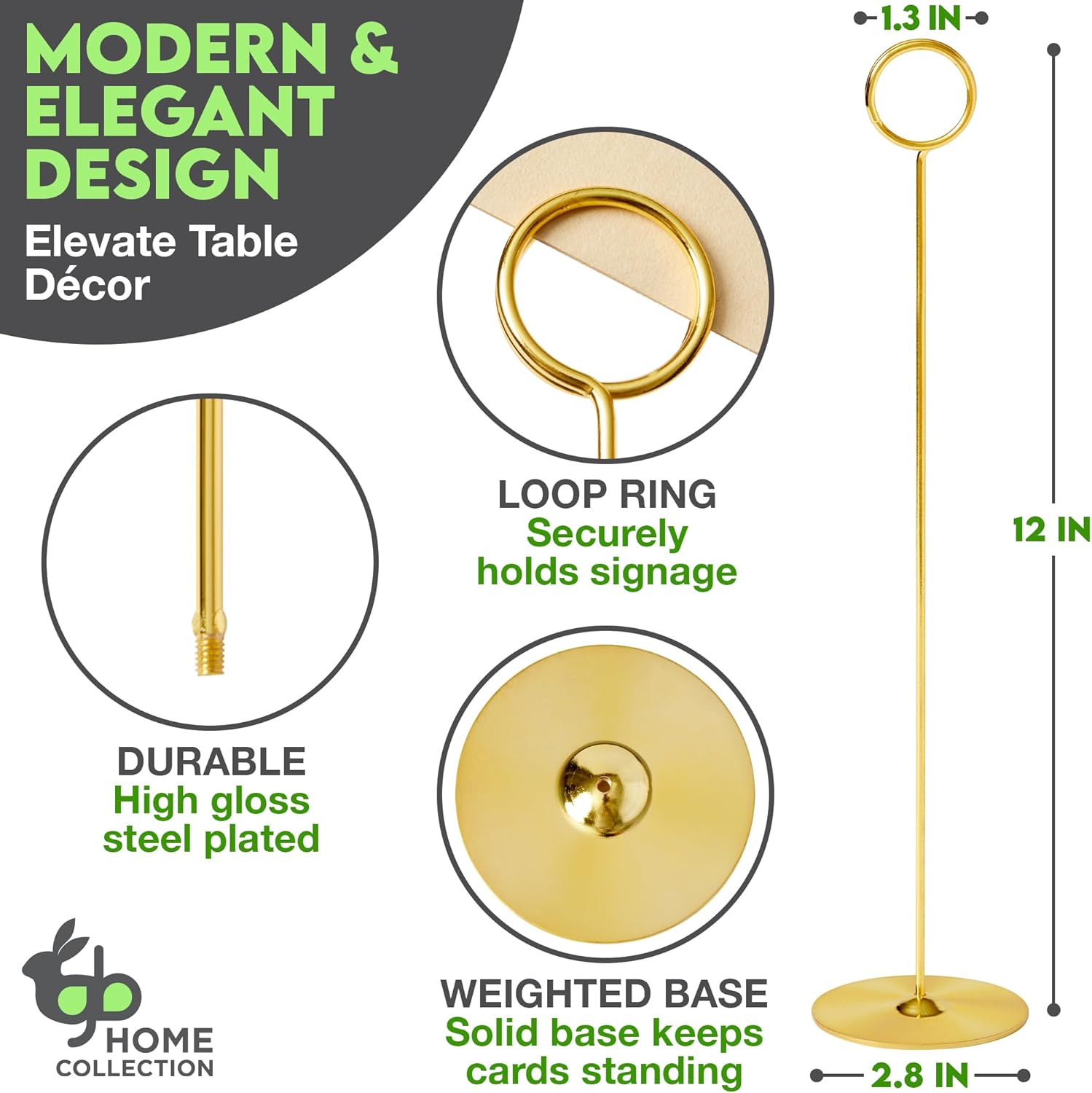 Table Number Holders Stands 12 pk, Gold Metal Place Card Holders 12in Tall | Recipe Card Holder, Gold Menu Clip Holder
