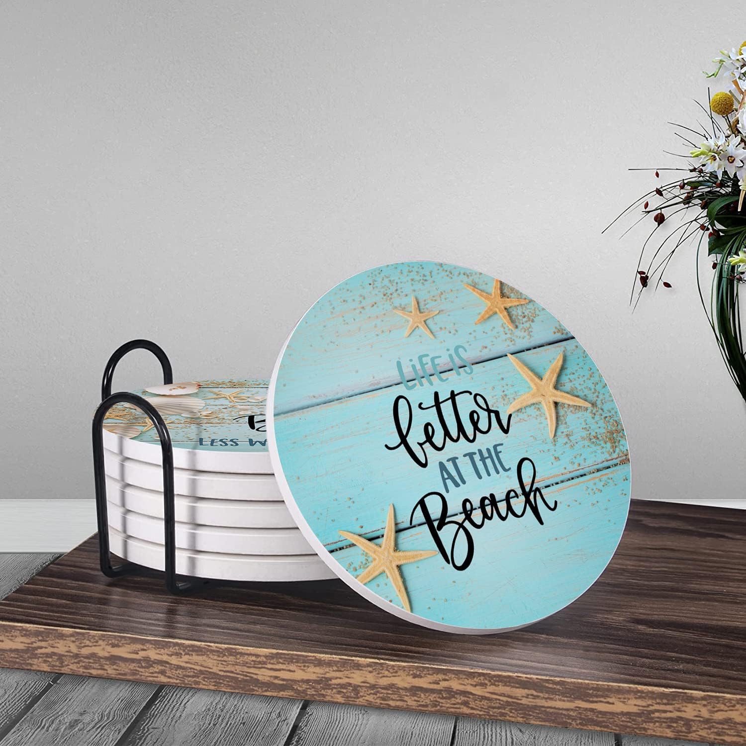 on Wooden Absorbent Ceramic Coaster / Round / Seashells Starfish / Blue / Set of 6