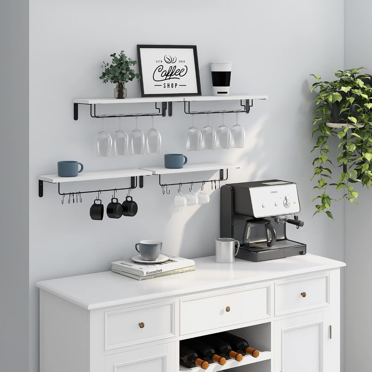 Afuly Coffee Bar Shelf, 20 Inch Coffee Mug Holder Wall Mount, White Shelves | Mug Shelf for Mugs & Glasses, Floating