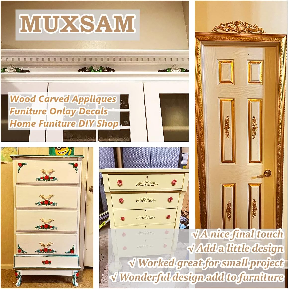 Unpainted Decorative Carved Decals for Bed Door Cabinet Wardrobe Mantel / Small / Set of 5