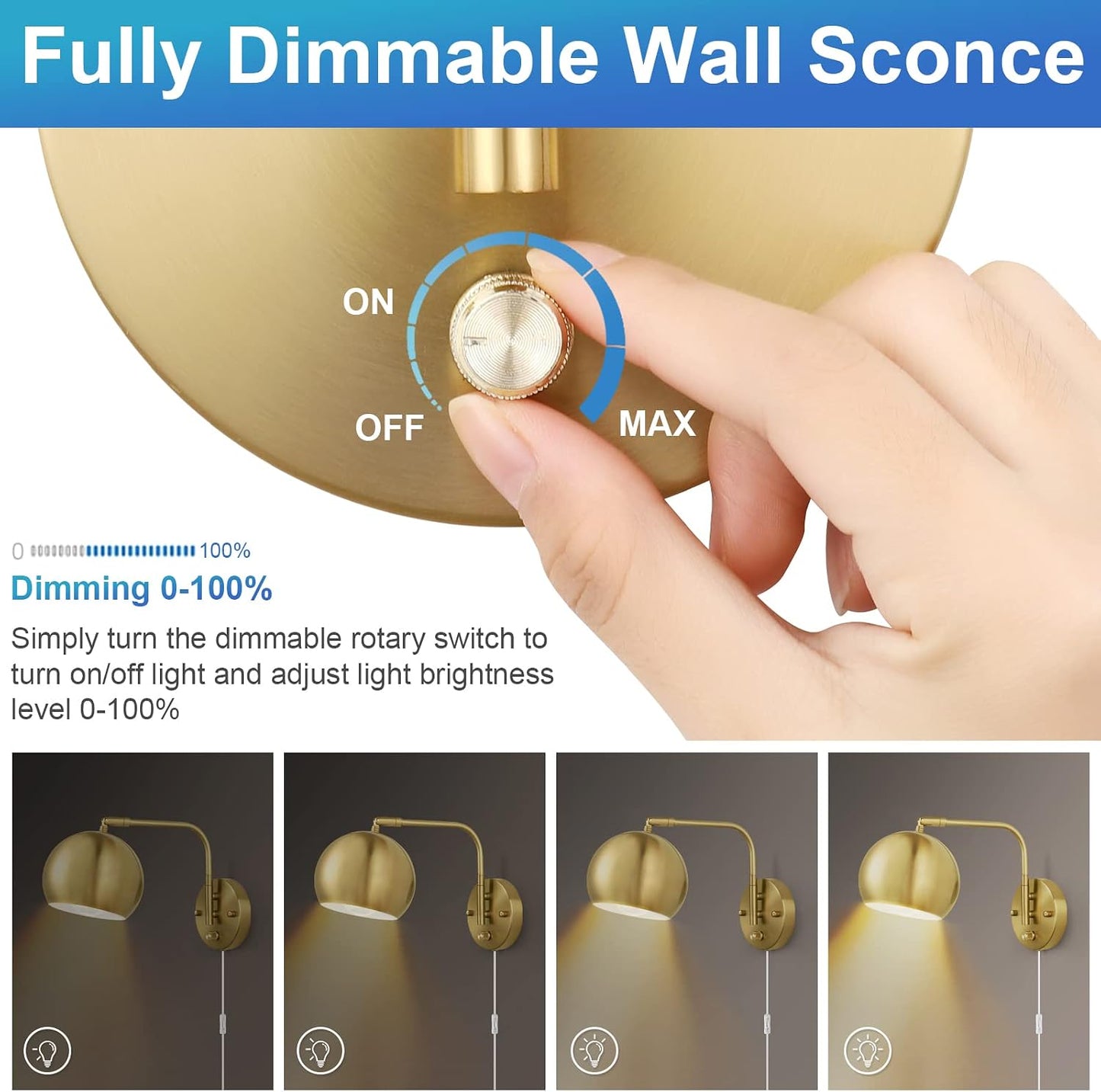 VATONI Plug in Dimmable Wall Sconce Swing Arm Wall Lights with Plug in Cord and Dimmer On/Off Knob Switch, Brushed