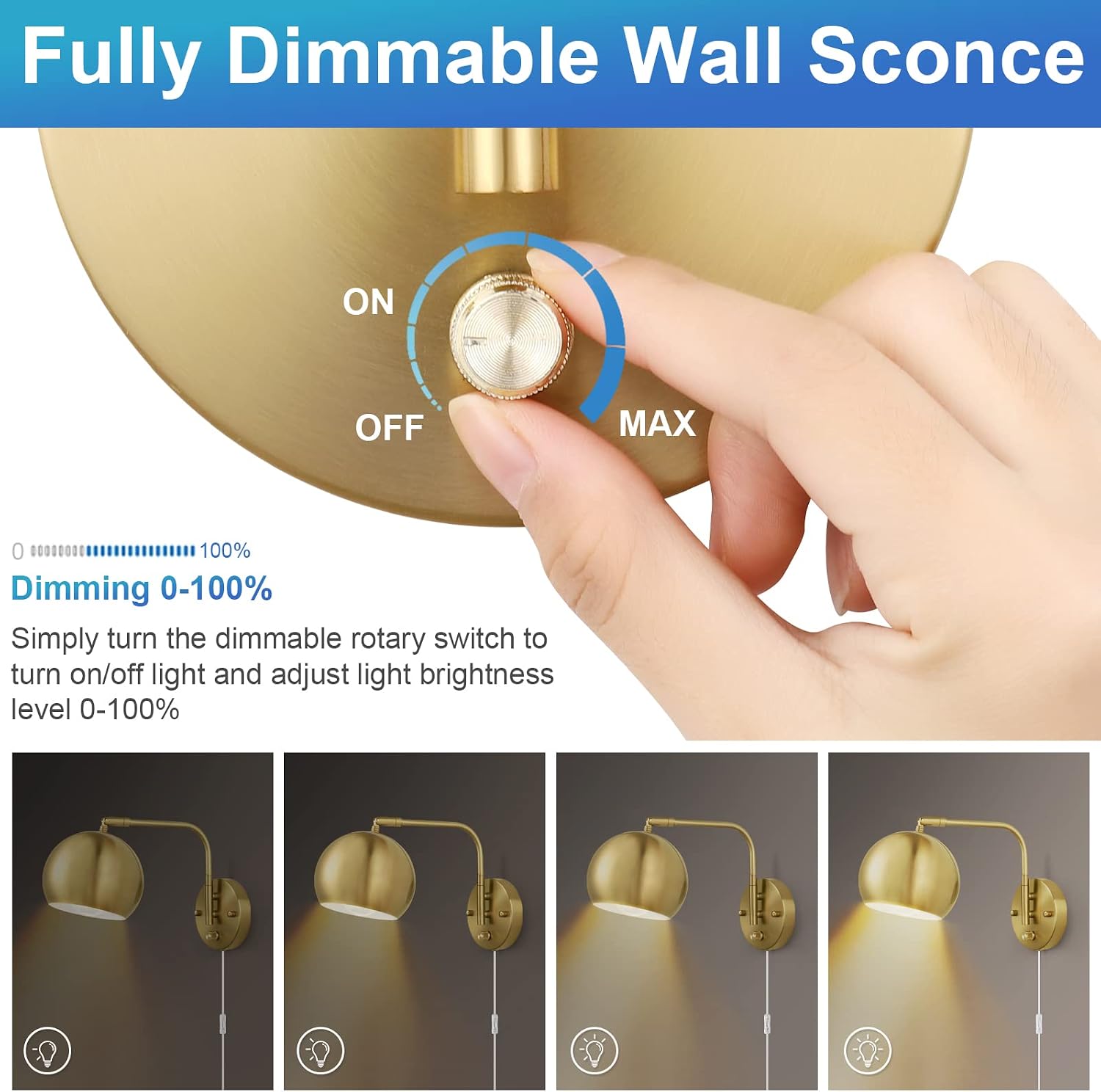 VATONI Plug in Dimmable Wall Sconce Swing Arm Wall Lights with Plug in Cord and Dimmer On/Off Knob Switch, Brushed