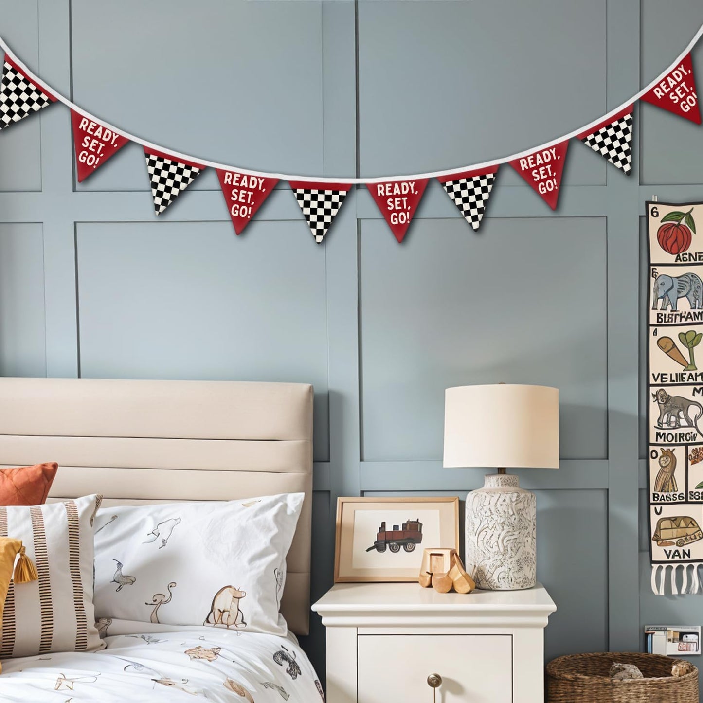 Race Car Room Decor for Boys Canvas Linen Garland / Checkered - Ready Set Go / Black / 5.5 Inch