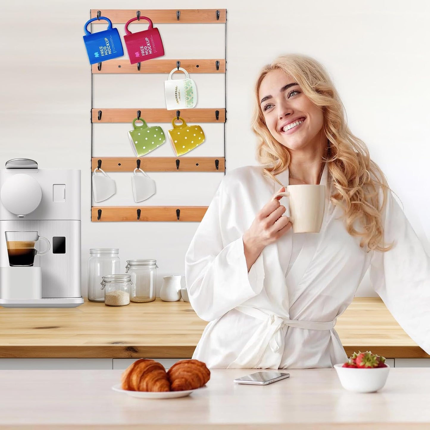 Wall Mounted Coffee Mug Holder, Large 5 Tier Shelf with 20 Hooks for Cups, Rustic Wooden Display Rack for Kitchens