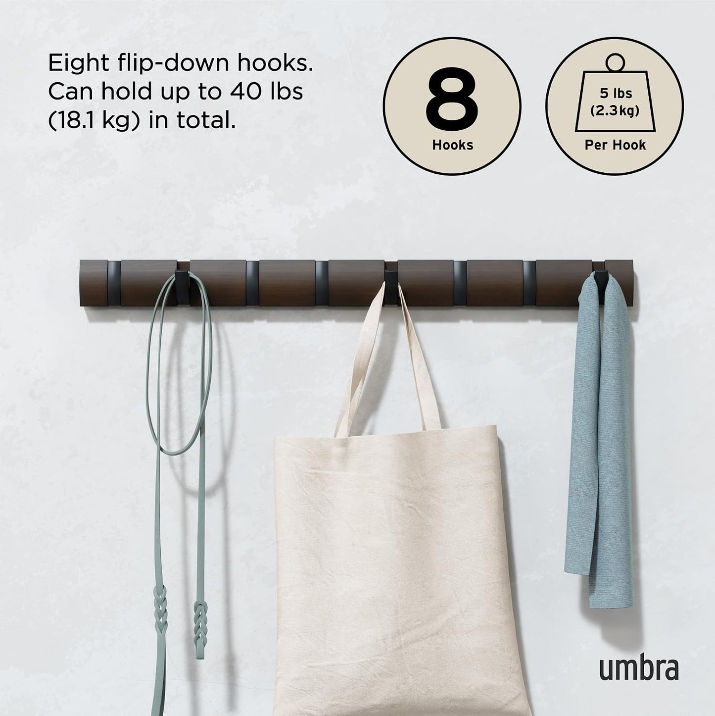 Umbra Flip Coat Rack, Wall Mount 8-Hook, Space Saving, Walnut/Black | Real wood and steel build, retractable hooks fold