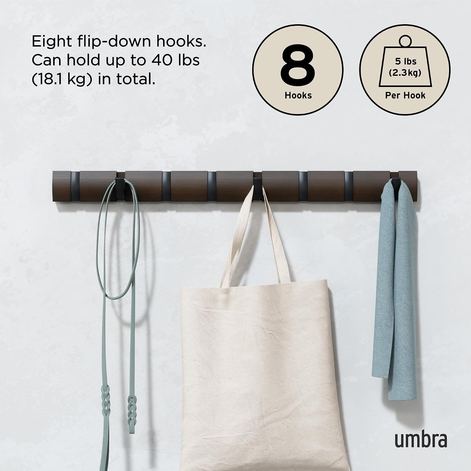 Umbra Flip Coat Rack, Wall Mount 8-Hook, Space Saving, Walnut/Black | Real wood and steel build, retractable hooks fold