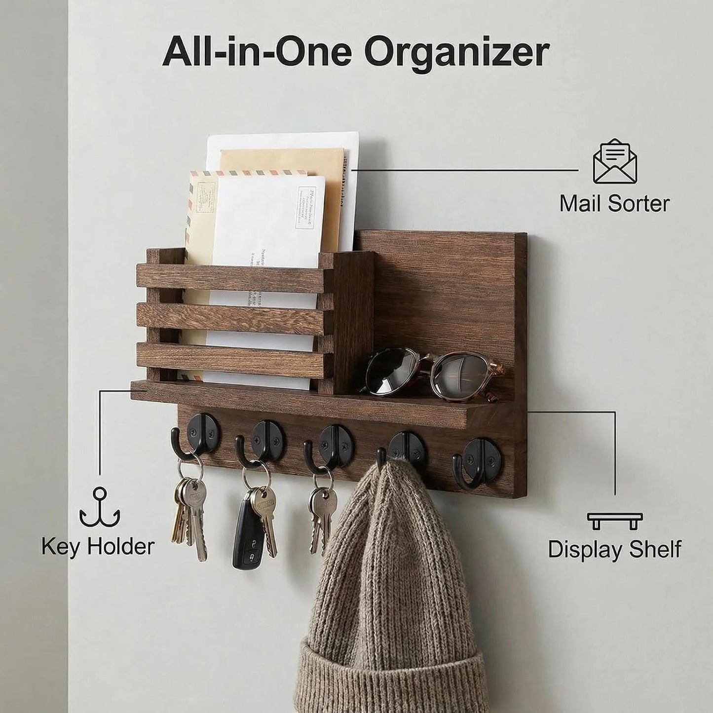 5 Metal Key Hooks / Brown / 11.8 x 6.7