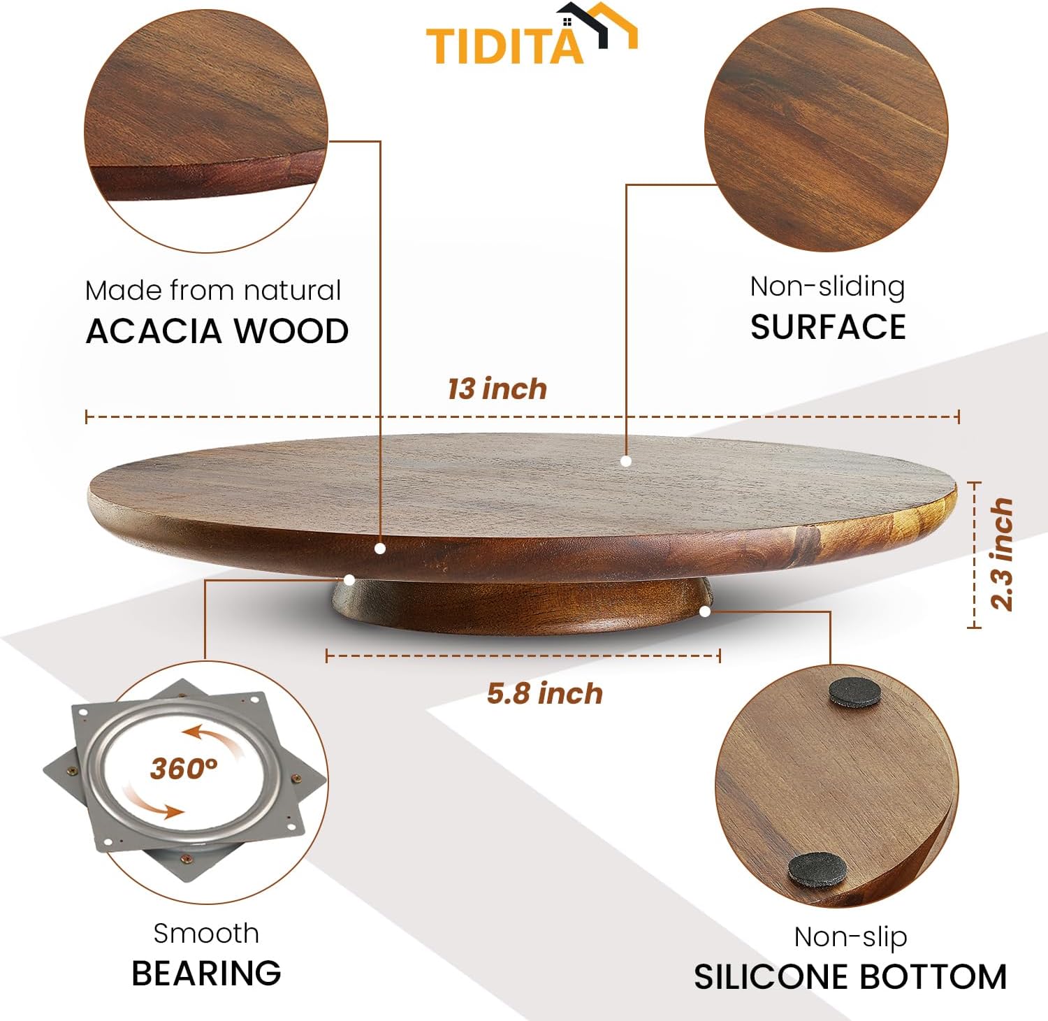 Rustic Wood Pedestal Stands Turntable / Acacia Wood / with 2 Icing Spatulas, 3 Smoothers