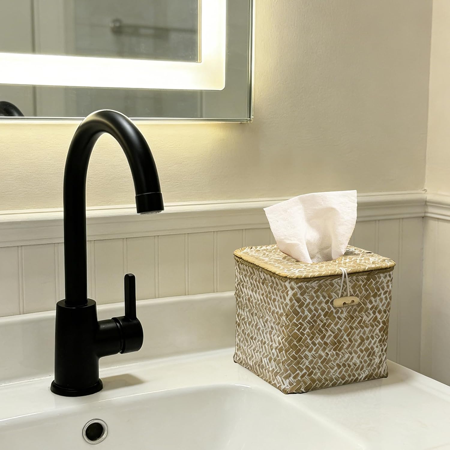 Woven Square Tissue Box Cover / Whitewash / Natural