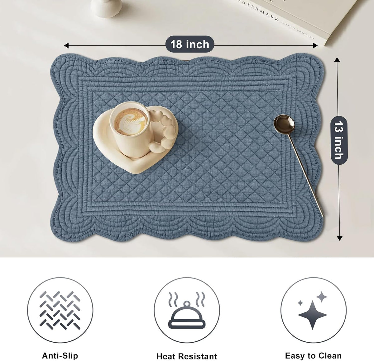 6 PC Quilted Placemats, 18"X13"Extra Large Cotton Placemats Set of 6, 100% Cotton Fabric Washable Cloth Table Mats for