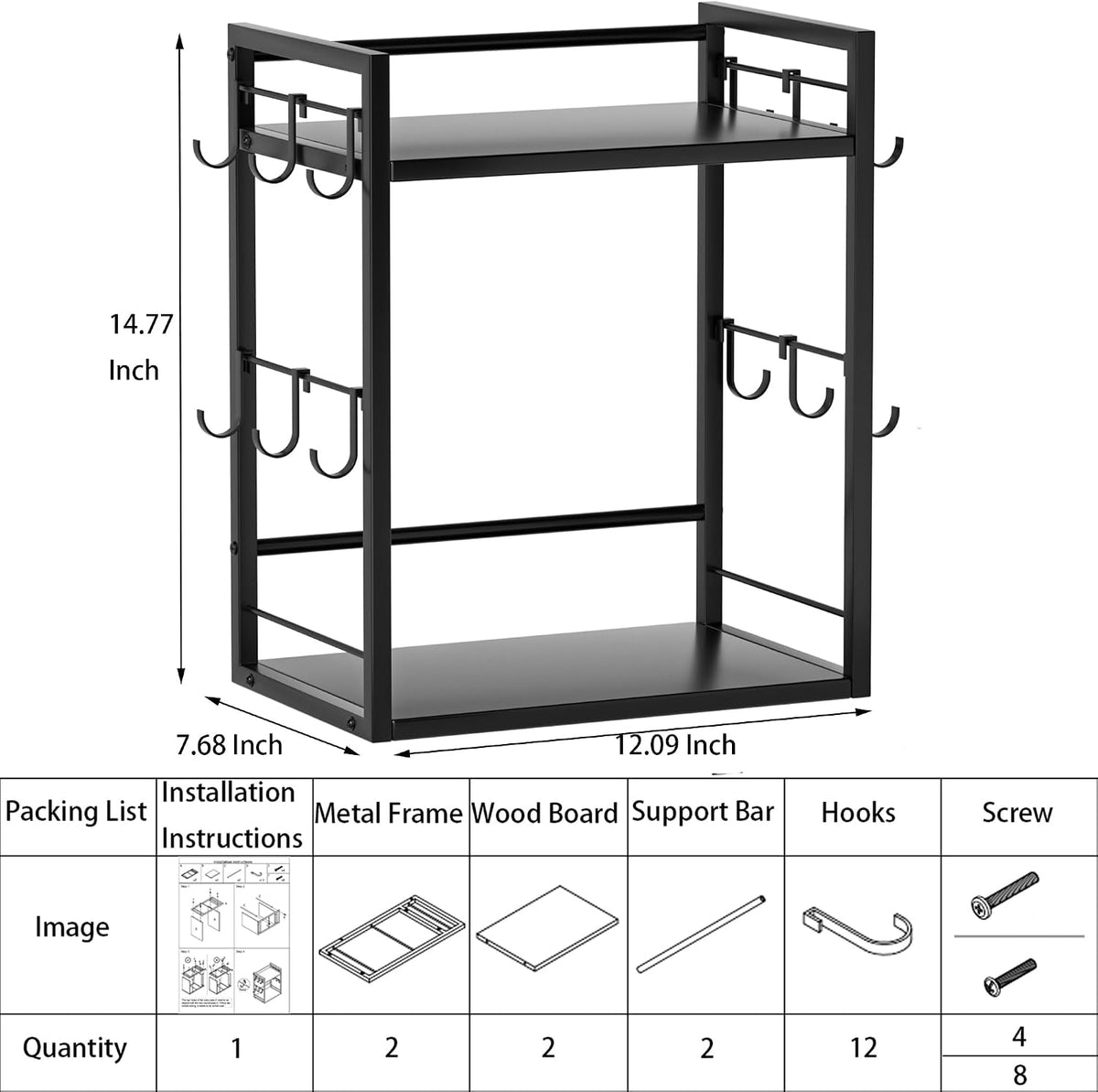 Dorhors Coffee Bar Organizer,Mug Holder,Station Organizer Kitchen Counter | 2 Tier Black Wood Coffee Bar Accessories