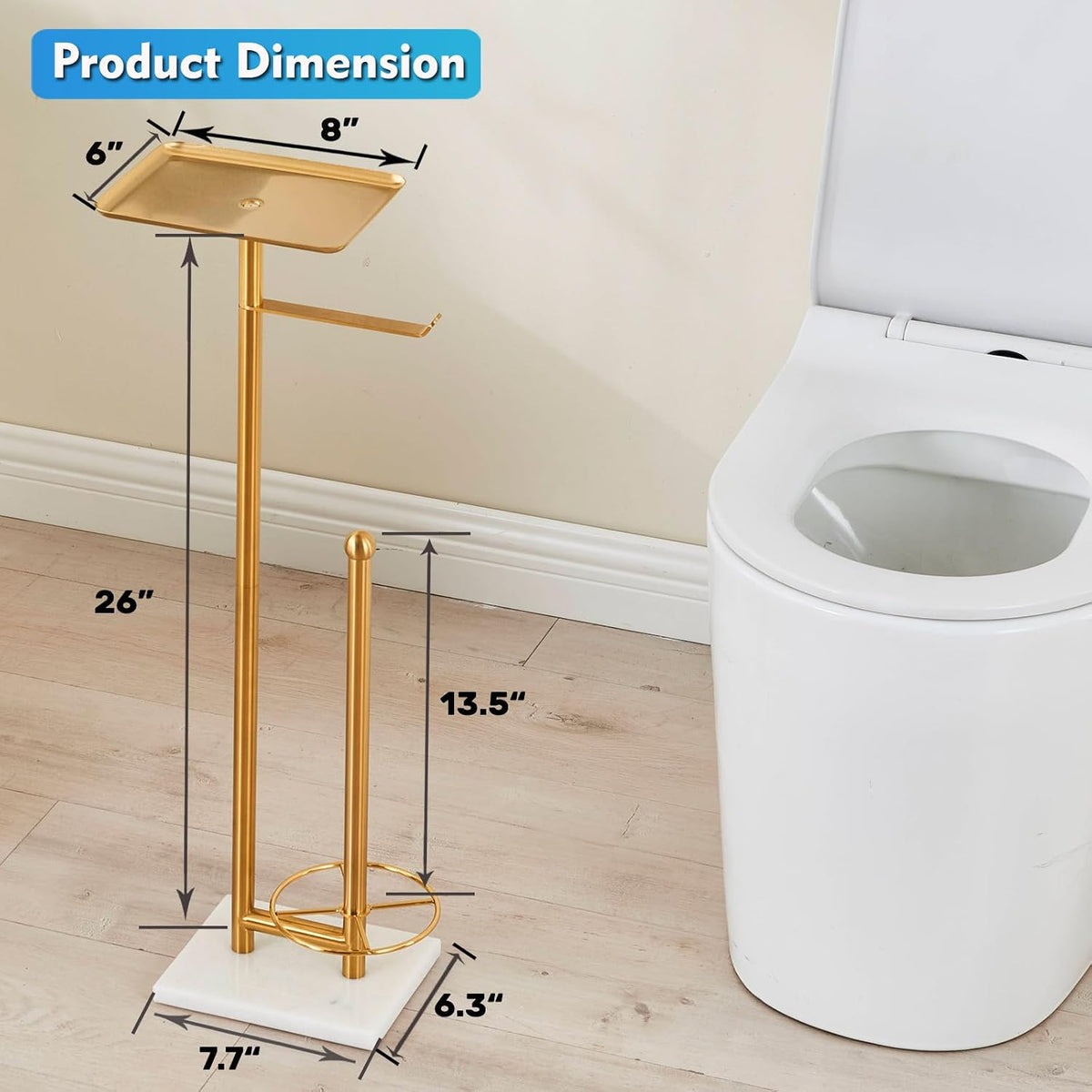 Gold Toilet Paper Holder with Shelf, Free Standing Toilet Paper Holder with Storage - Toilet Paper Stand for Holding