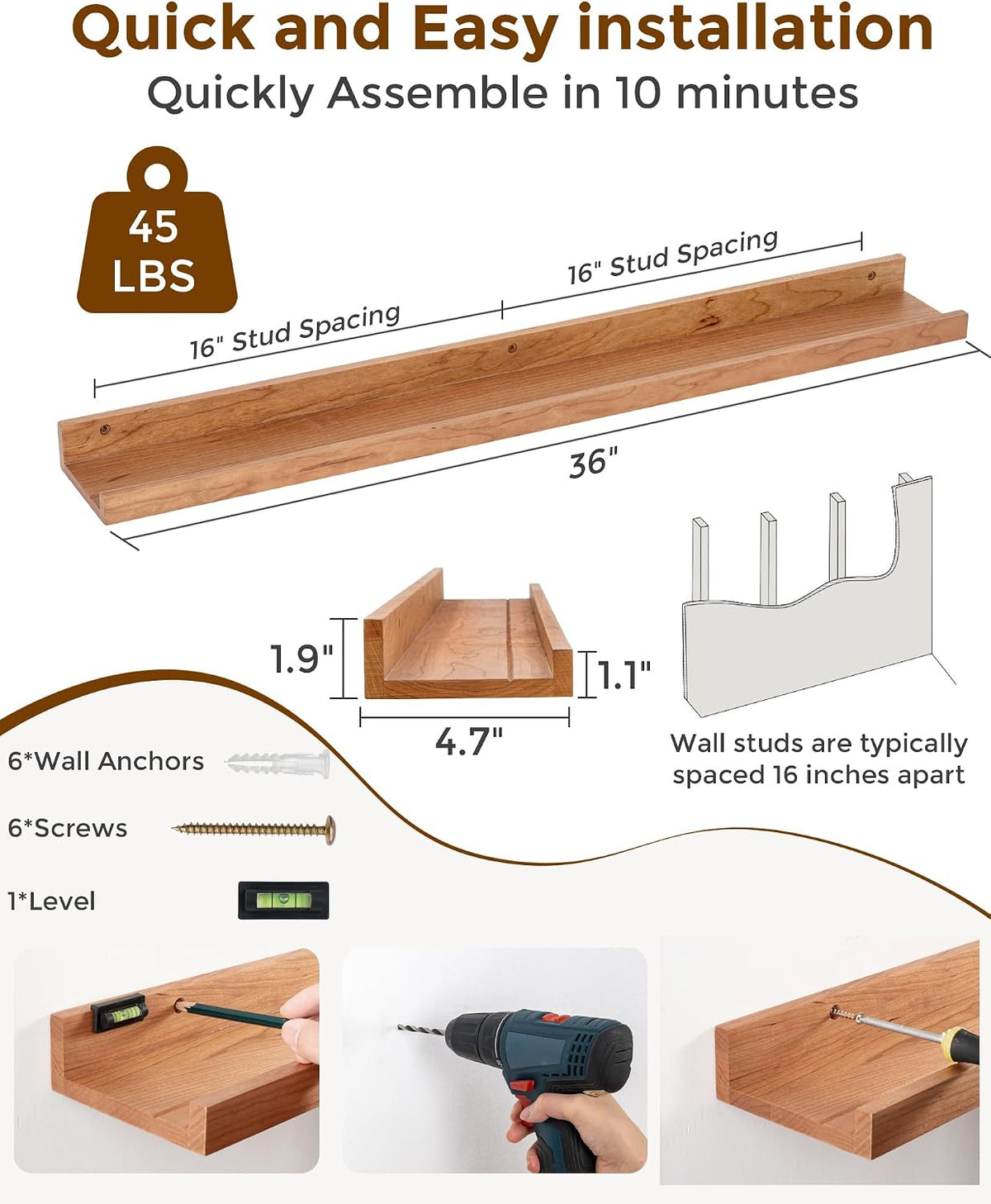 Cherry Picture Ledge Shelf, 36 Inch Floating Shelves Set of 2, Solid Wood Wall Shelves with Lip, Wall Decor Storage for