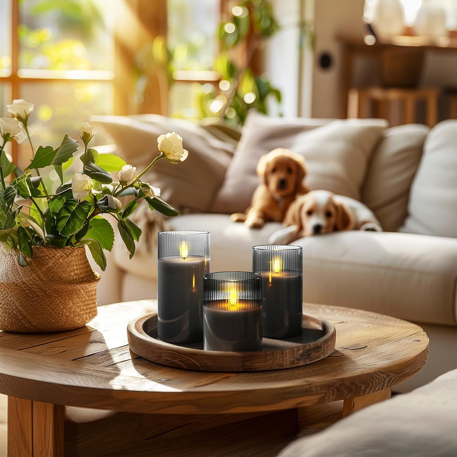 Amagic Grey Ribbed Glass Flameless Electric LED Candles with Remote Timer | Real Wax Battery Operated Candle