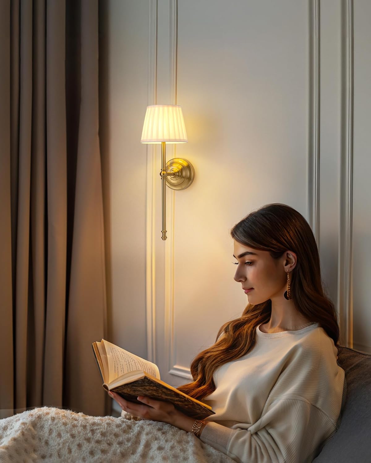 KDG Gold Cordless Wall Sconces Set of 2, Beige Fabric LED Wall Lamps | Wireless Small Rechargeable Battery, Portable