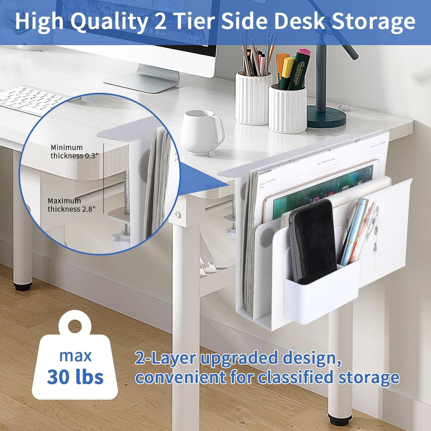 LUKETURE Desk Side Storage, 2 Tier Under Desk Laptop Mount with Pen Slot | Sturdy Steel Double Tier Strong, Magnetic