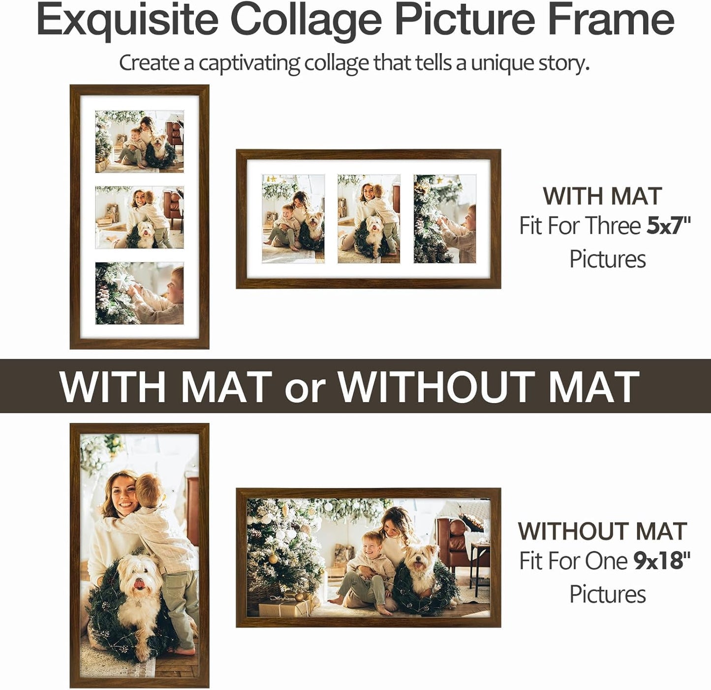 Golden State Art Three 5x7 Collage Picture Frame - Solid Wood with Tempered Glass - Multi Picture Frame Display Three
