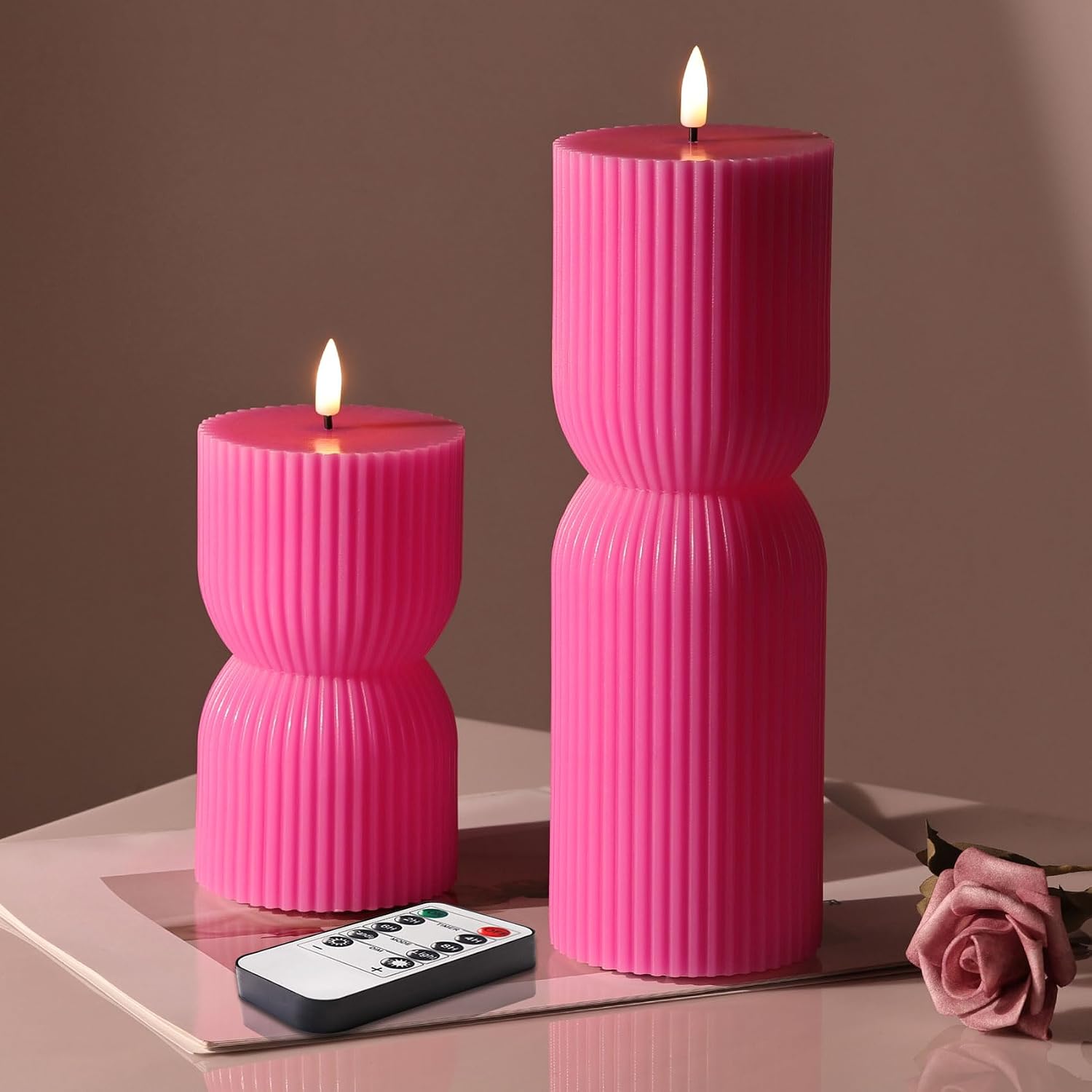 Hot Pink Ribbed Flameless Pillar Candles with Remote Set of 2