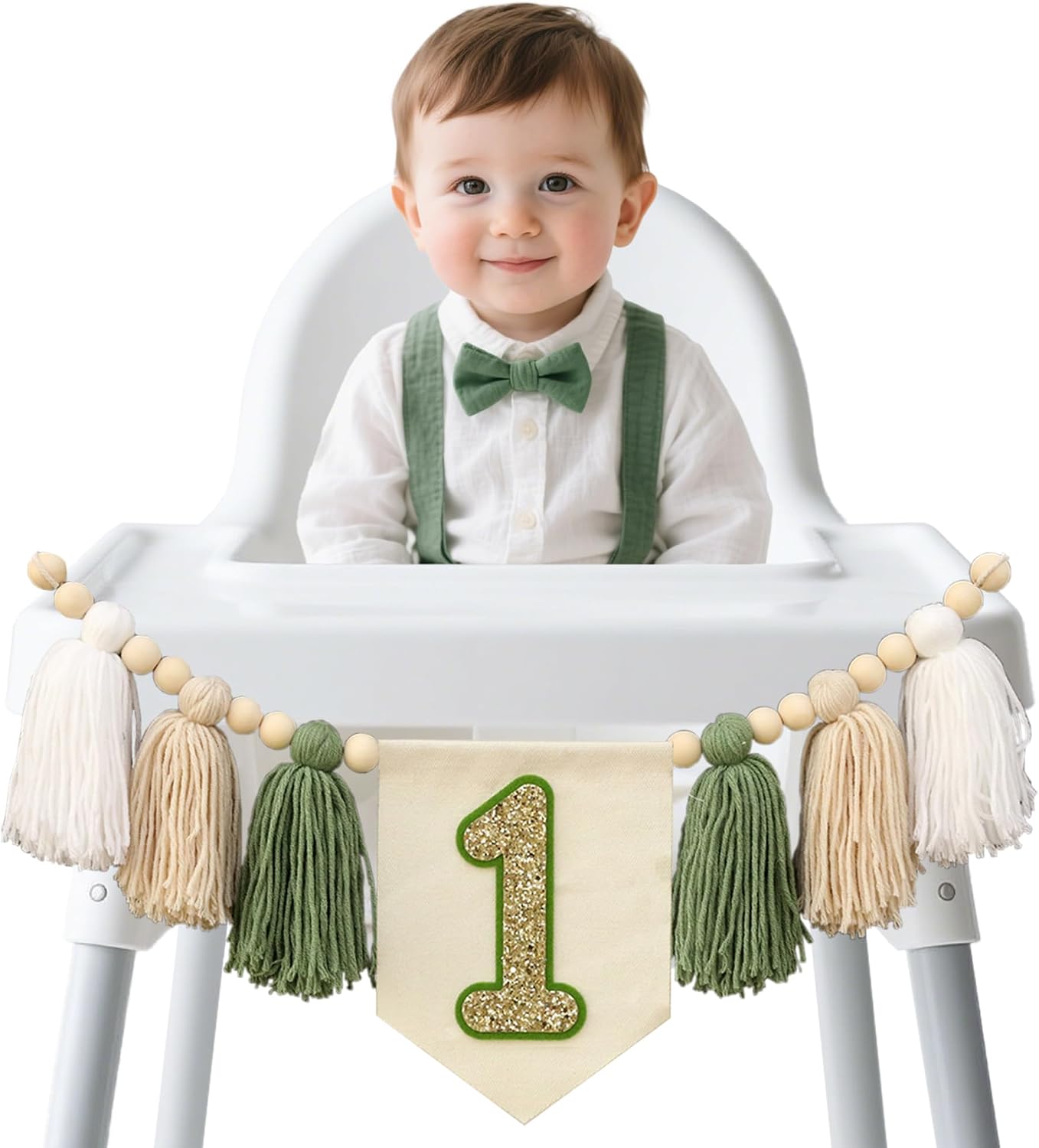 Wild One 1st Highchair Banner Handmade Wood Bead Tassel Garland Birthday Party / Green White
