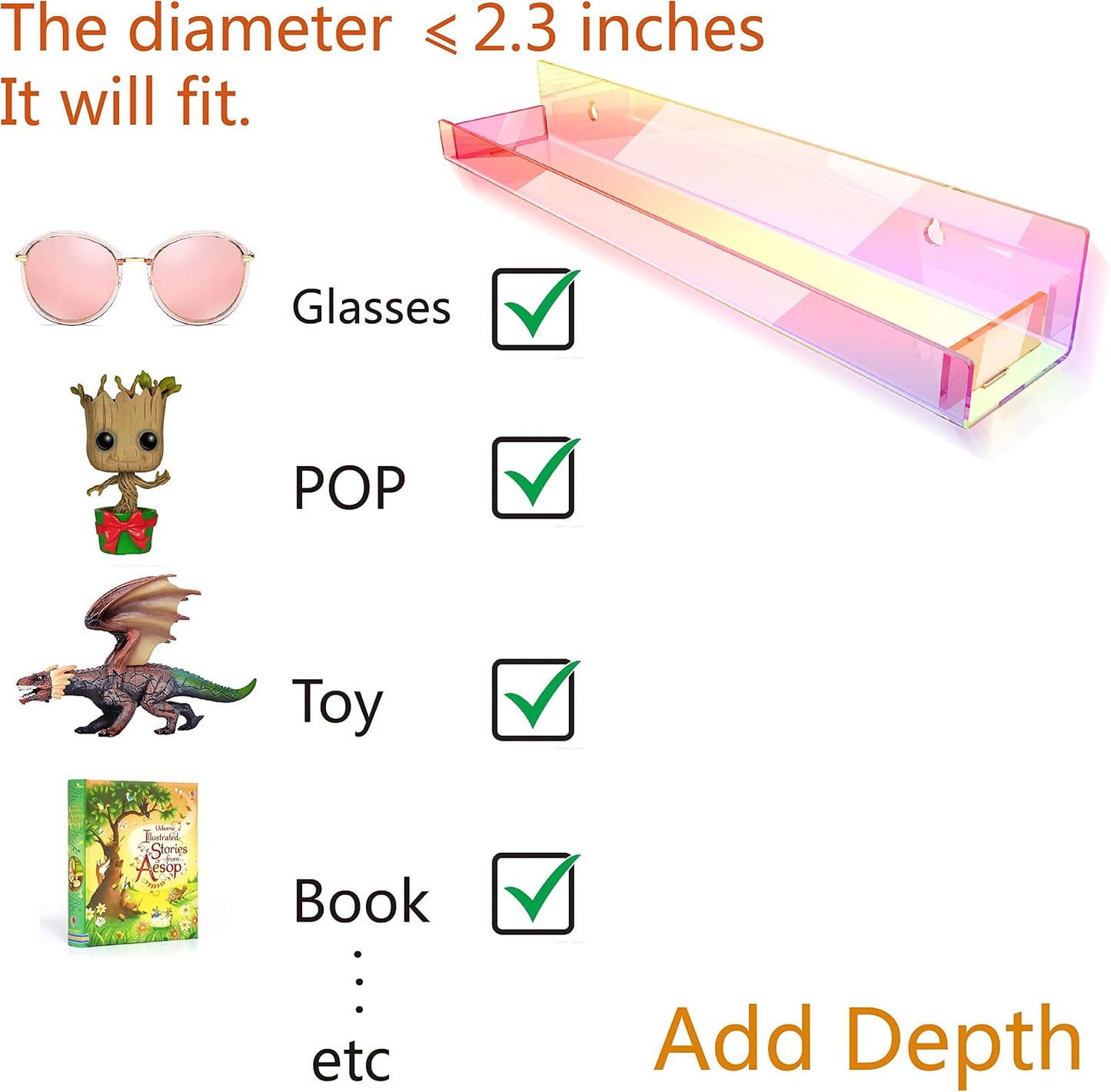8 Pack 15 Inch Iridescent Acrylic Floating Wall Shelves, Rainbow Shelves | Modern Display Shelf for Sunglasses, Oils