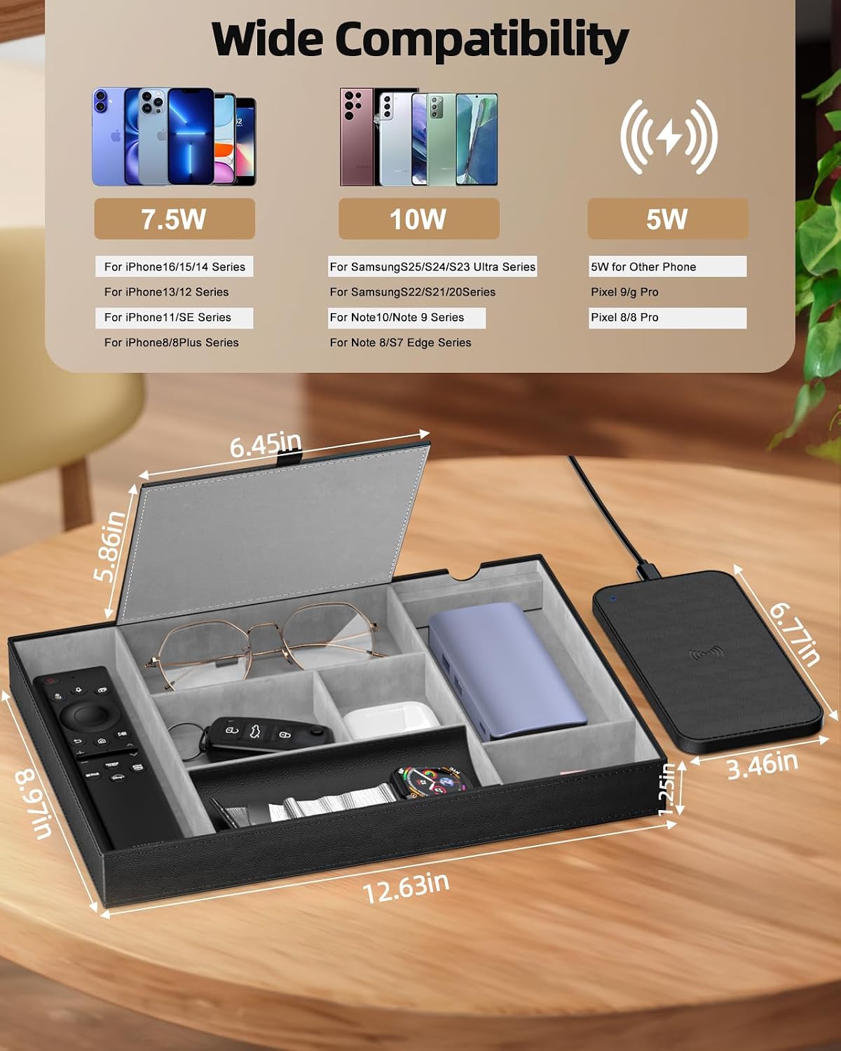 Leather Valet Tray with Wireless Charging Pad - Luxury EDC Nightstand Organizer for Men - Premium Desk Tray for Phone