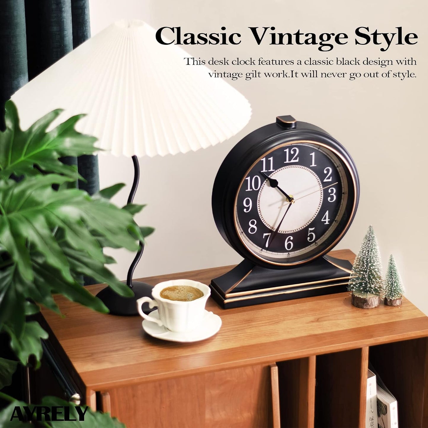 AYRELY® Vintage Desk Clock Silent-Non-Ticking 10-inch dial Table Clock,Retro Mantel Clocks and Easy to Read for Living