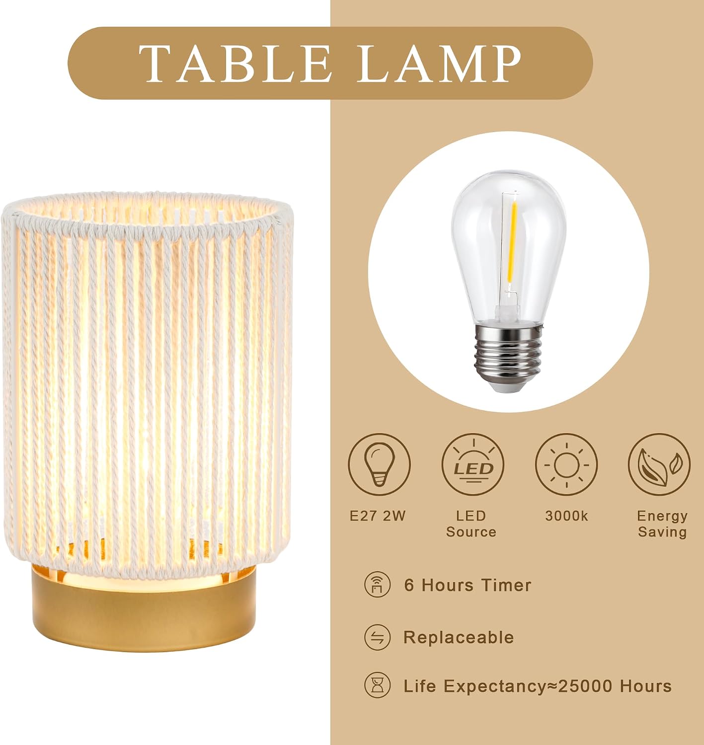 JHY DESIGN Set of 2 Braided Cotton Rope Table Lamp 6.5" Tall Battery Operated Lamp with 6 Hours Timer Beside Lamps