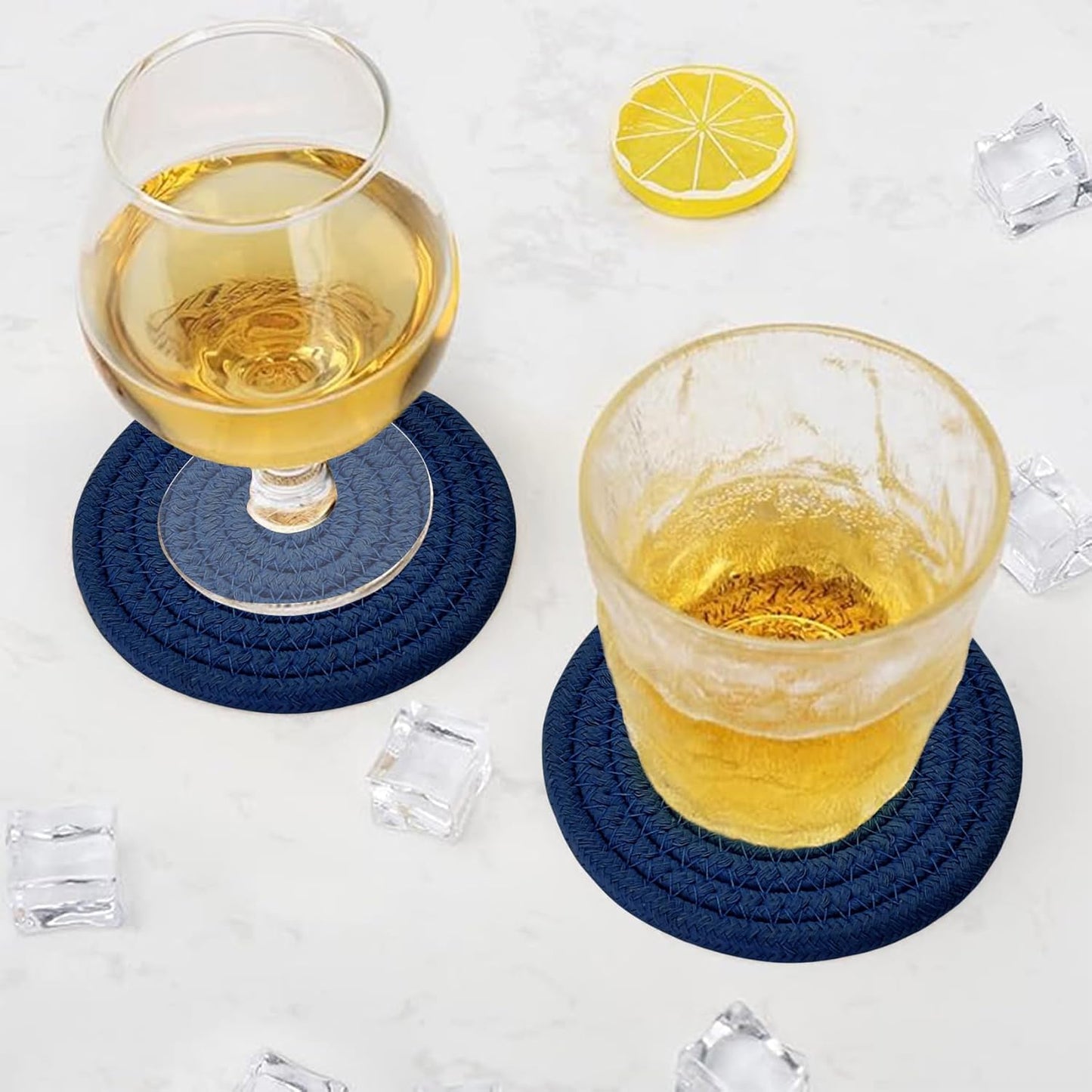 Holder / Cotton Woven Absorbent Coasters for Drinks / Navy Blue / Set of 8