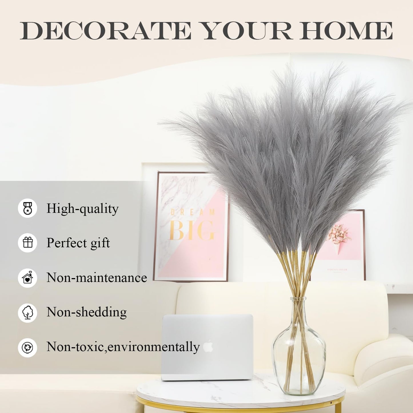 Faux Pampas Grass Tall Pompas Floral Arrangement and Vase Filler / Grey / Set of 8