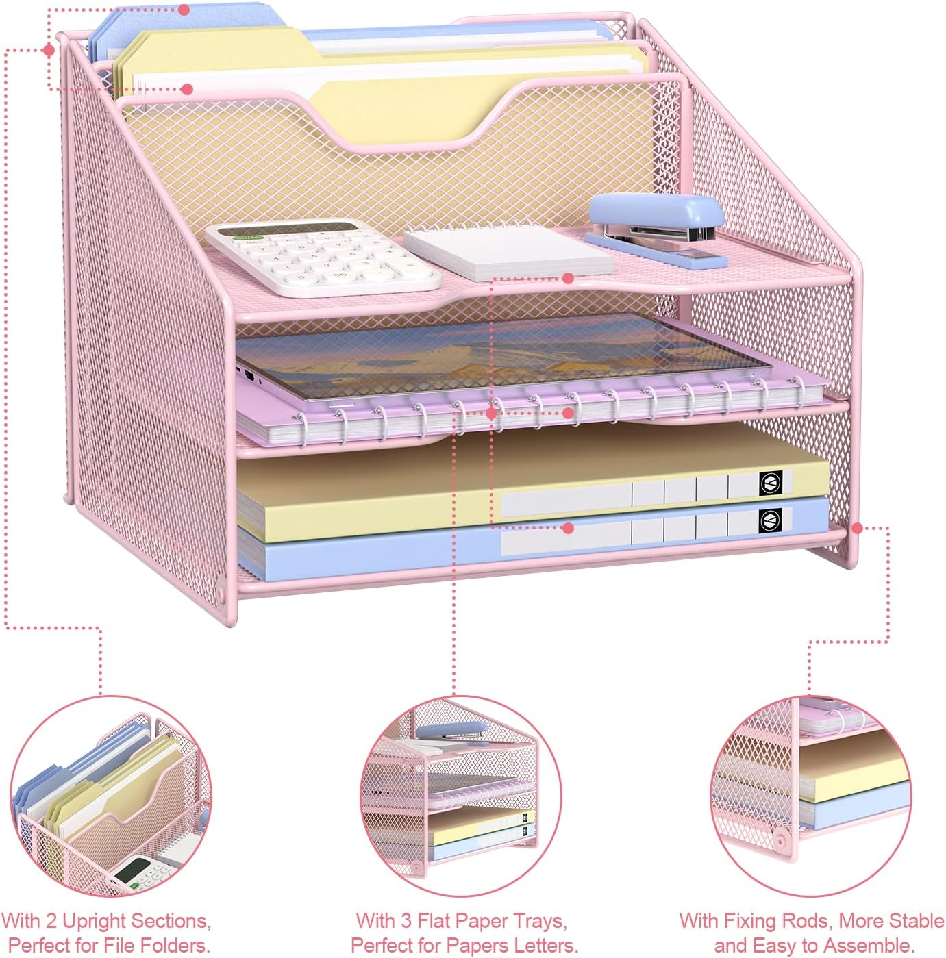 Samstar Pink Desk File Organizer, Mesh Letter File Folder Holder with 3 Paper Trays and 2 Vertical Upright Section, for